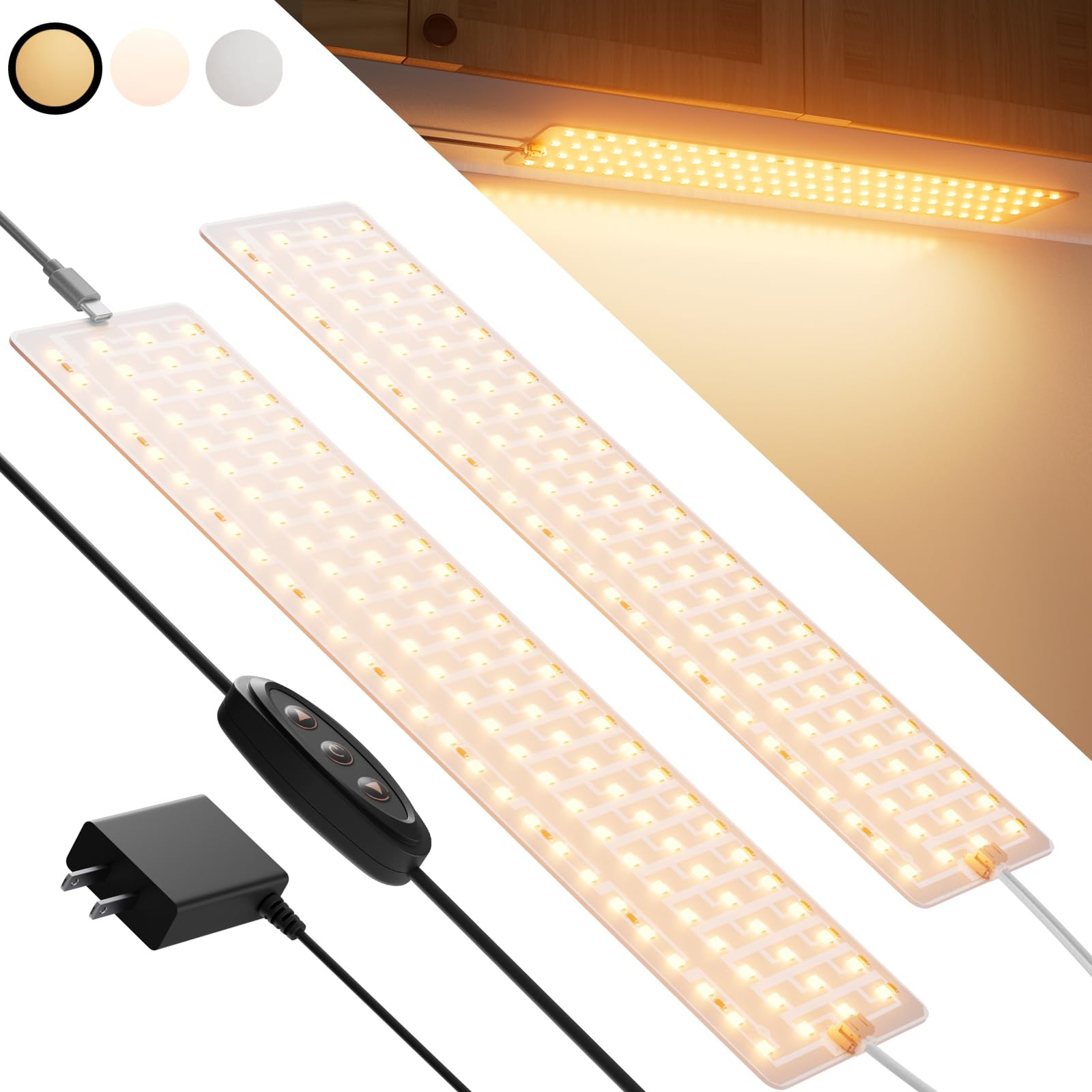 Undercabinet Lights for Kitchen 1000lm 108 LEDs, 2-Pack Under Cabinet Lighting Plug in, 12in Panel Under Counter Lights for Kitc