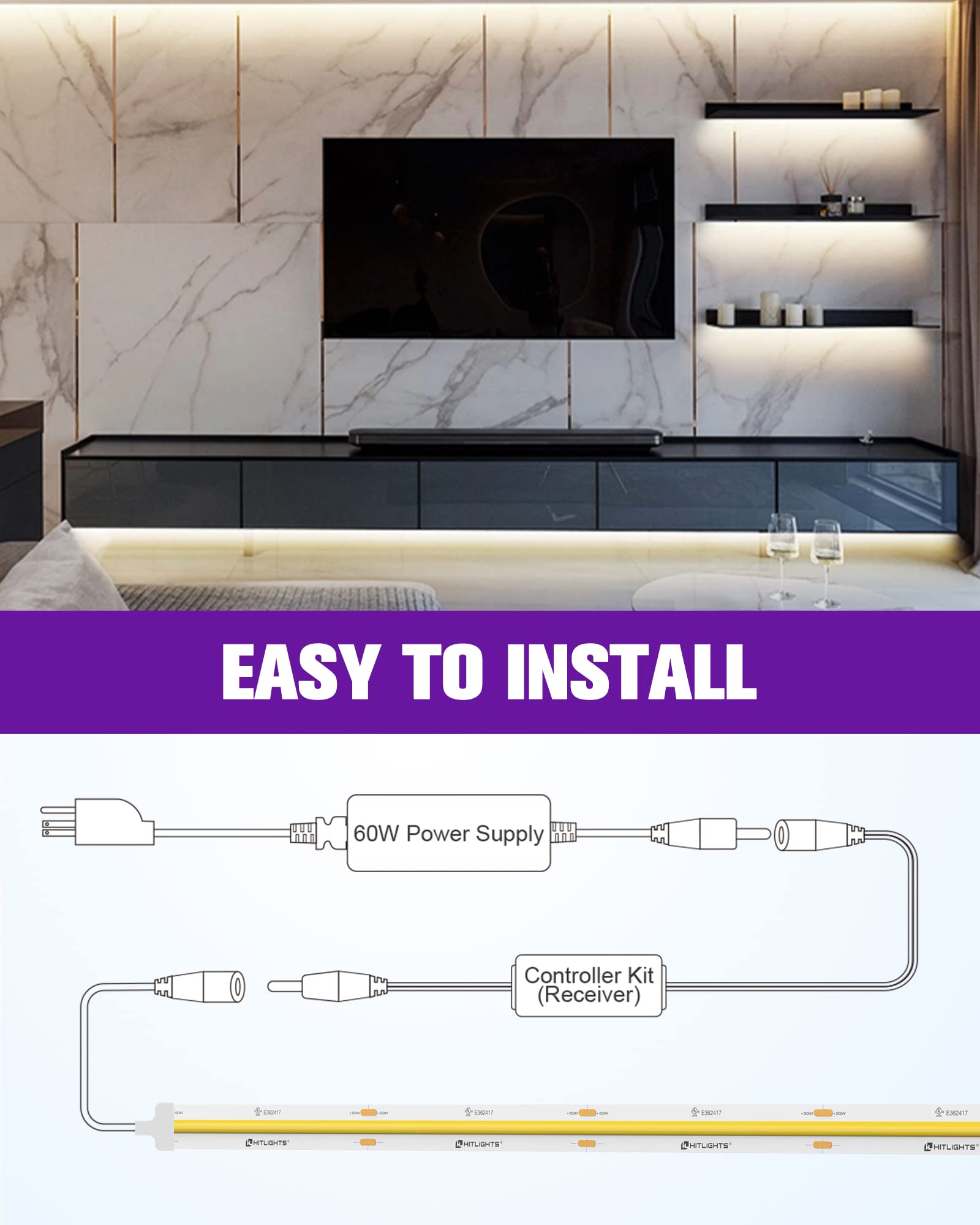 Hitlights Cob White Led Strip Lights Kit With Remote & 24V Power Supply  16.4Ft Dimmable Tape Light 4000K  2560Leds  350+ Lm/Ft  Ul Listed  Flexible Rope Lights For Bedroom  Kitchen  Cabinet Lighting