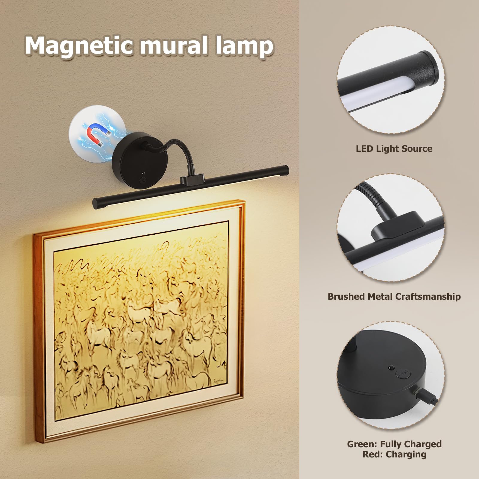 Picture Lights For Wall - Wireless Rechargeable Led Light With Remote  Adjustable Arm  Gold Battery Operated Display Lighting For discomfort-reducingtings  Bedroom  Gallery Wall D?Cor (Black  12.6 Inch - 1Pack)