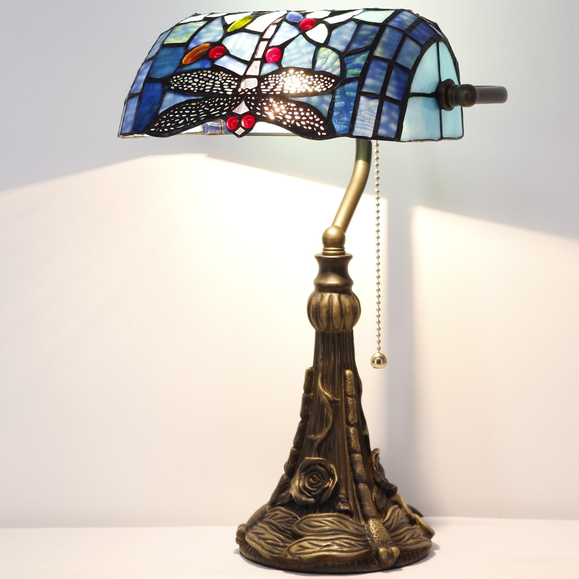 Tiffany Banker Lamp Small Stained Glass Table Lamp Tiffany Style Piano Light Navy Blue Dragonfly Style Desk Lamp Angle Adjustabl
