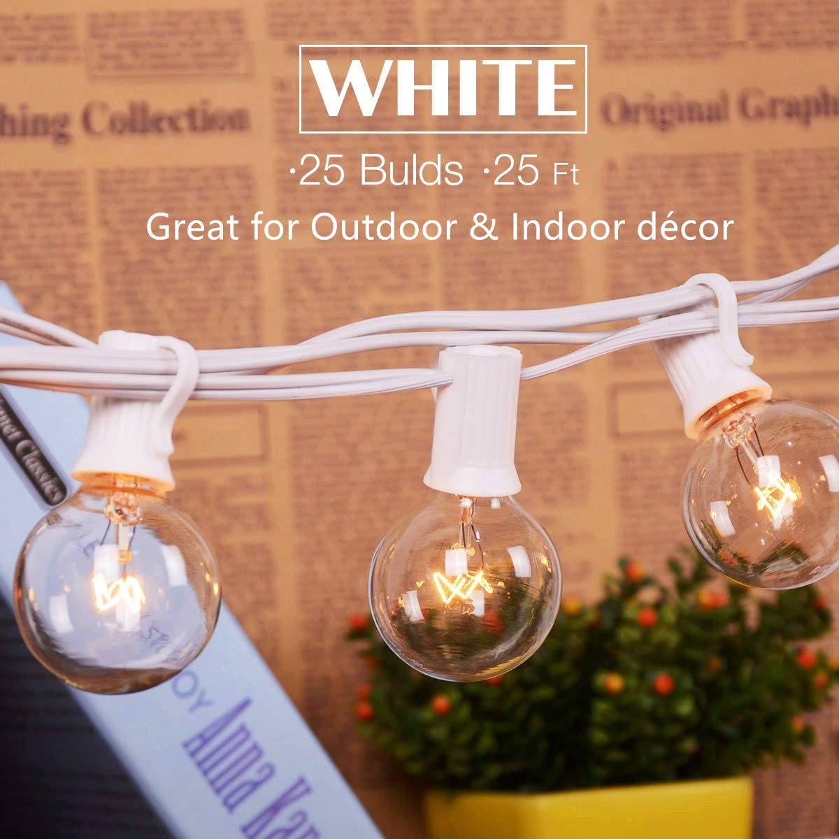 SUNSGNE Globe String Lights - 25Ft, 27 Clear Edison Bulbs, White Wire, Indoor/Outdoor Use, Model 43219-3976