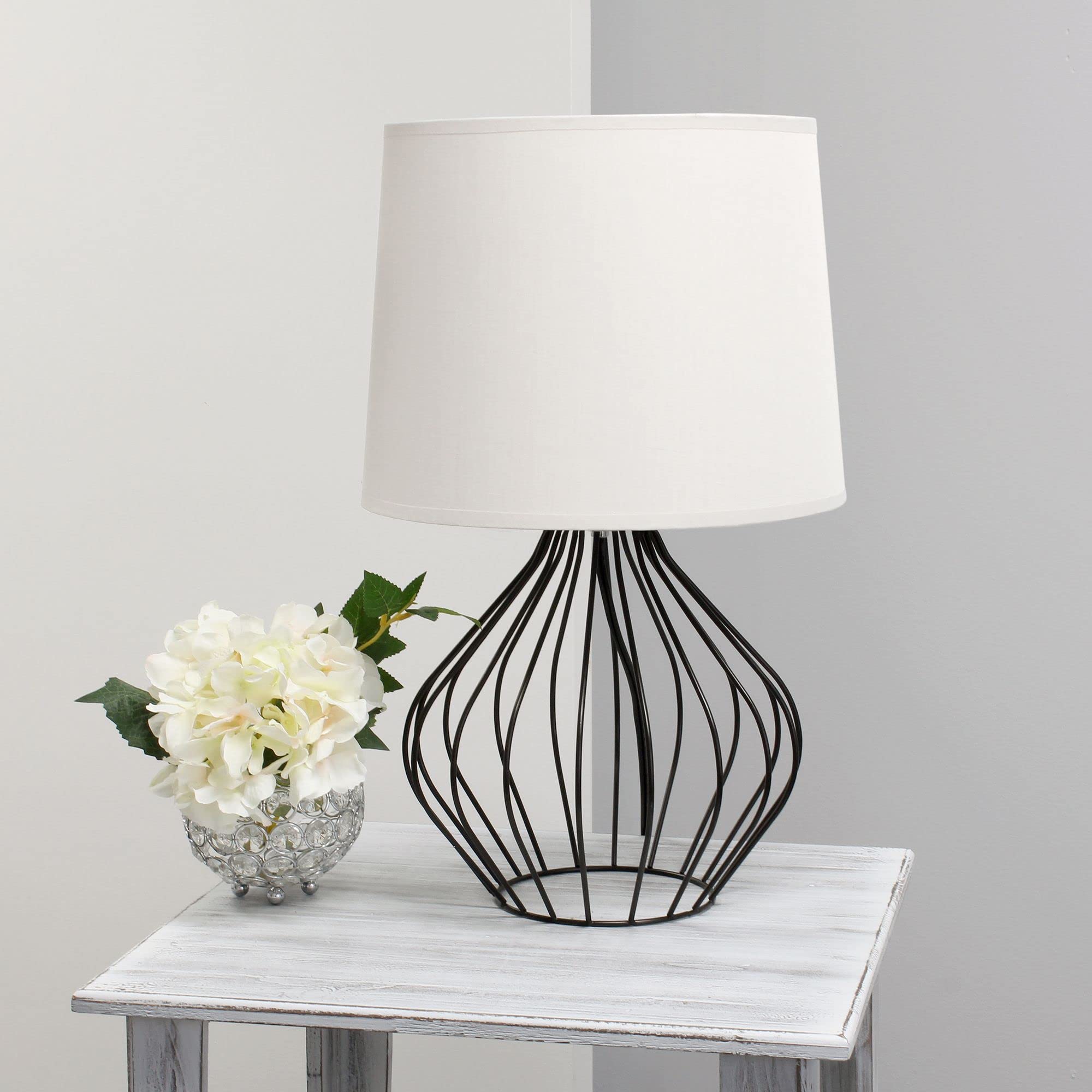 Simple Designs Bedside Table Lamp Geometrically Wired Iron Black Base White Shade 12.25inL x 12.25inW x 19.75inH Model LT2086-WOB