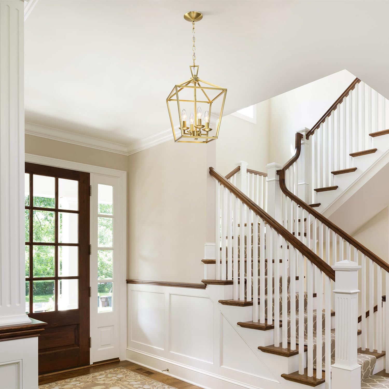 Untrammelife Gold Lantern Chandelier 4-Light Pendant Light Modern Hanging Pendant Light Fixtures in Brushed Brass Finish, Adjust