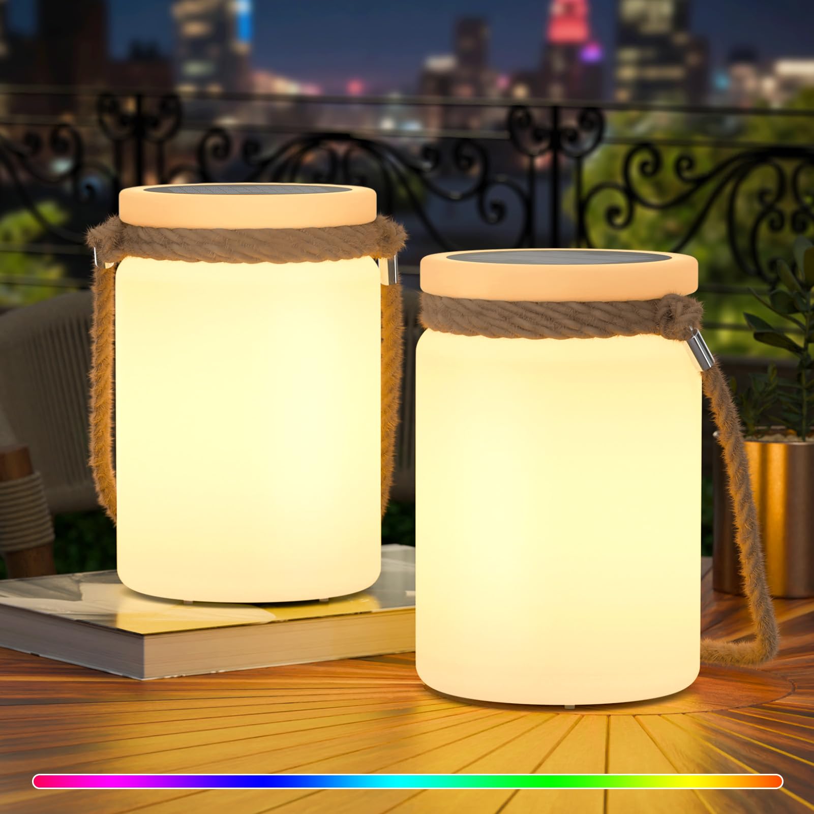 uuffoo 2 Pack Solar Table Lamp Lantern Waterproof LED Outdoor Cordless IP44 RGB and Warm White Dimmable for Patio Camping Restau