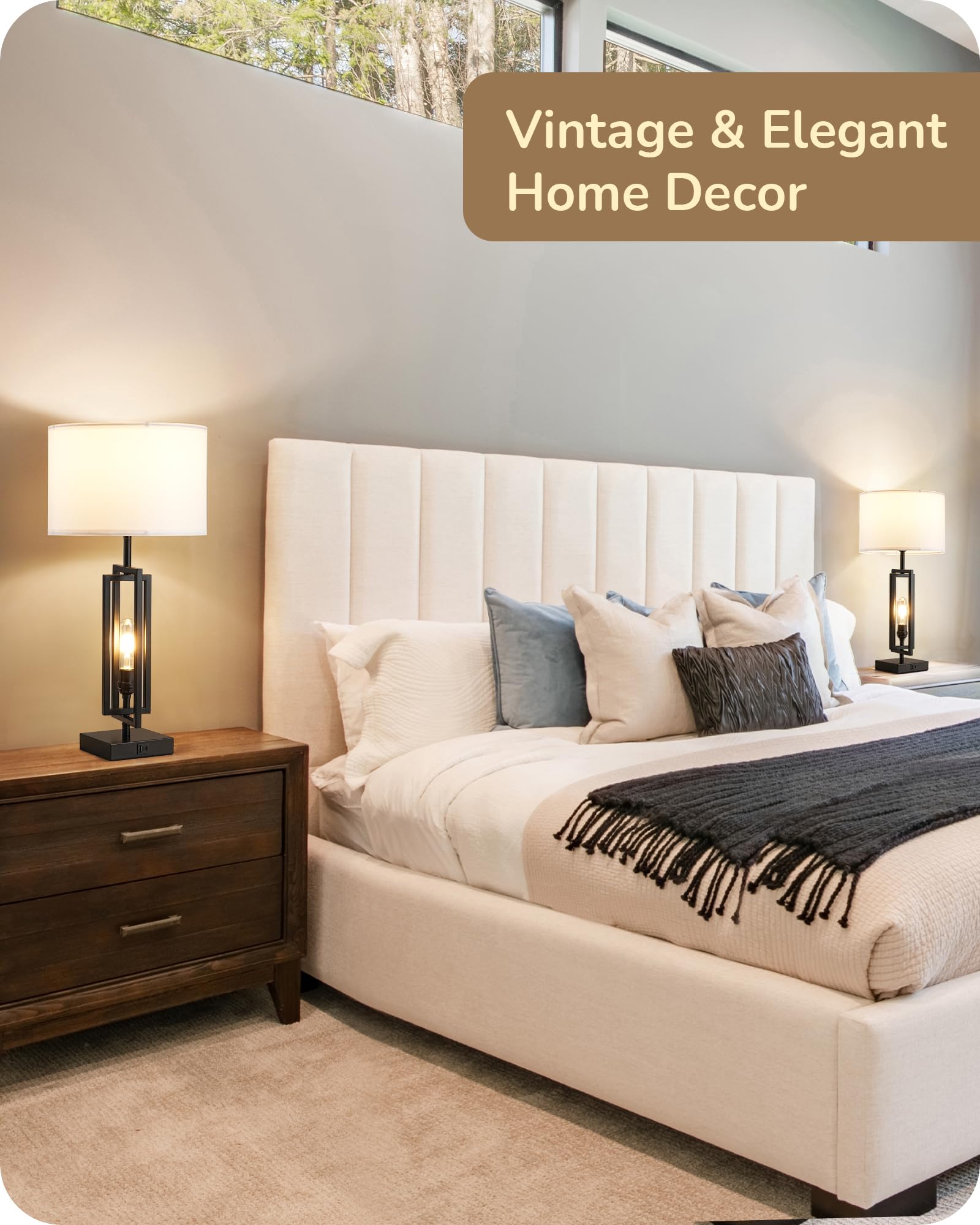 EDISHINE 25.6 Tall Table Lamp with Night Light, Farmhouse Bedside Lamp Set of 2 with USB Charging Ports, Touch 3-Way Dimmable Ni