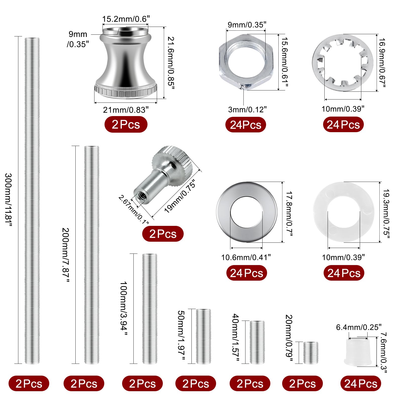Goochan Lamp Repair Hardware Assortment - Metal, Silver, 12 Inch Rod Kit With Nipples, Connectors, Switch Knobs, Washers & Lock Nuts