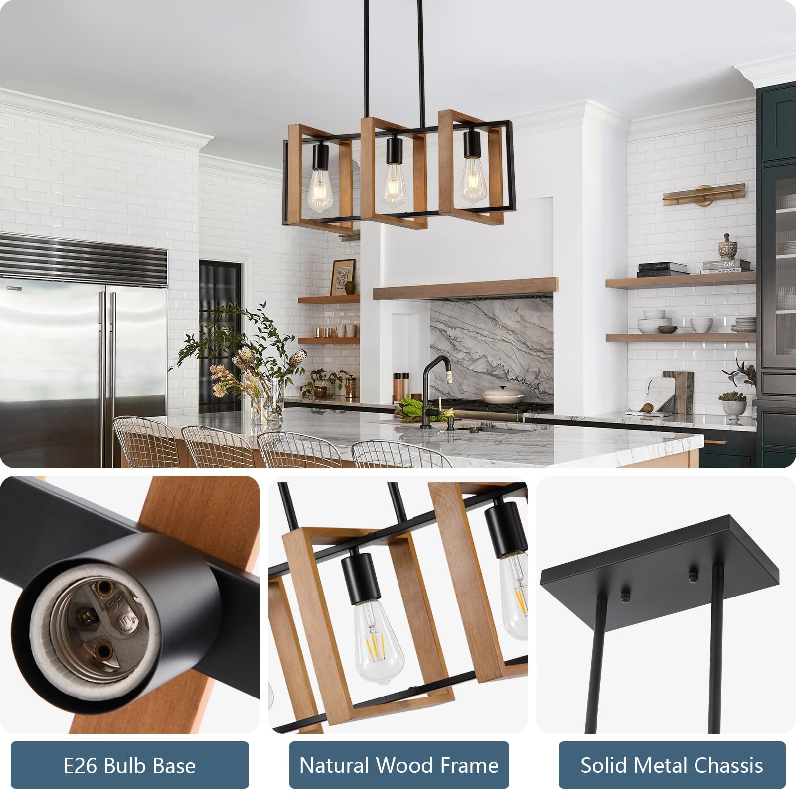 23.6'' Kitchen Island Lighting,3 Lights Dining Table Chandelier, Rectangle Island Light For Dining&Living Room, Foyer Hallway,E2