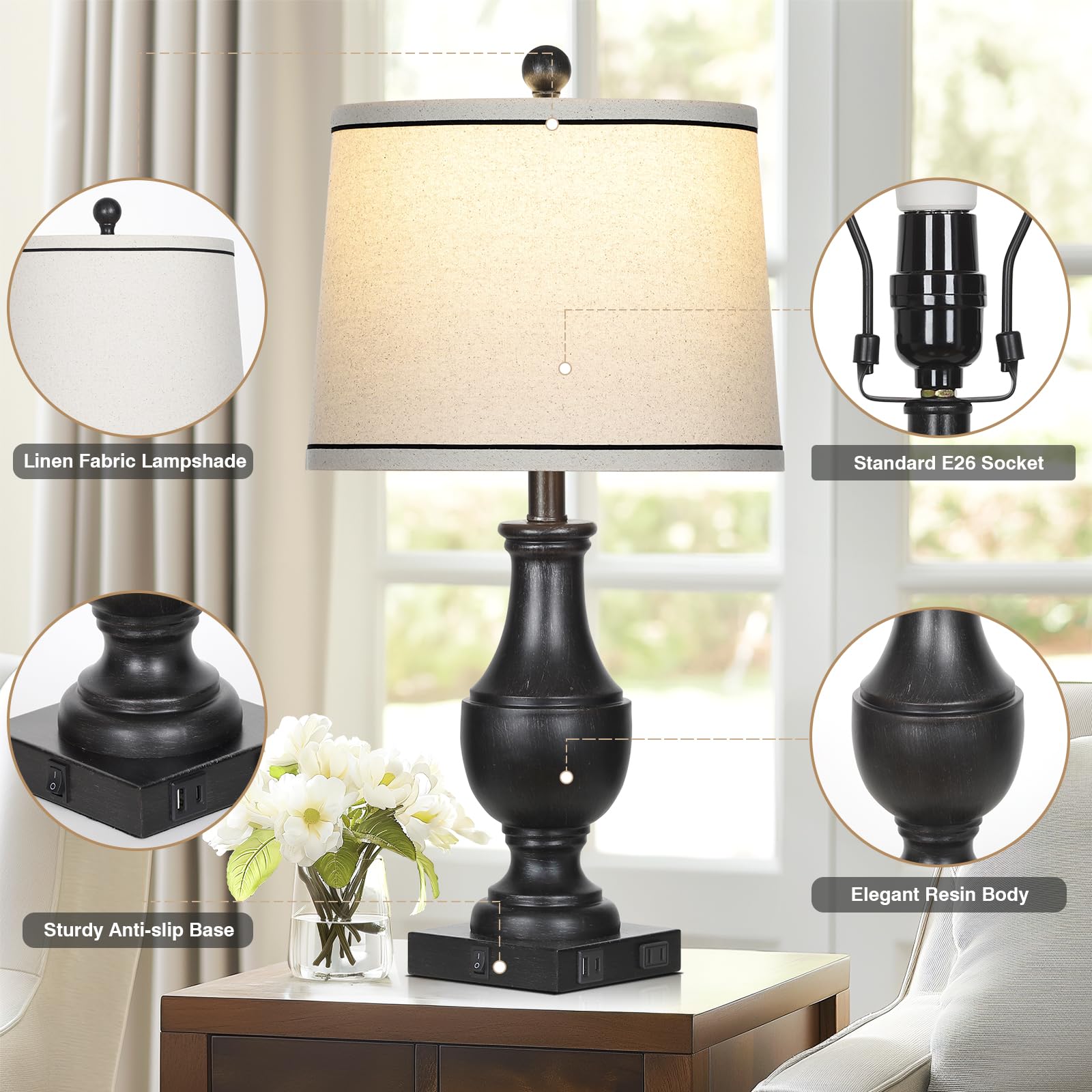 Lolikit Vintage Farmhouse Lamps Set of 2, 25" Black Rustic Table Lamps with USB Ports & AC Outlet, Antique Resin for Bedroom/Living Room