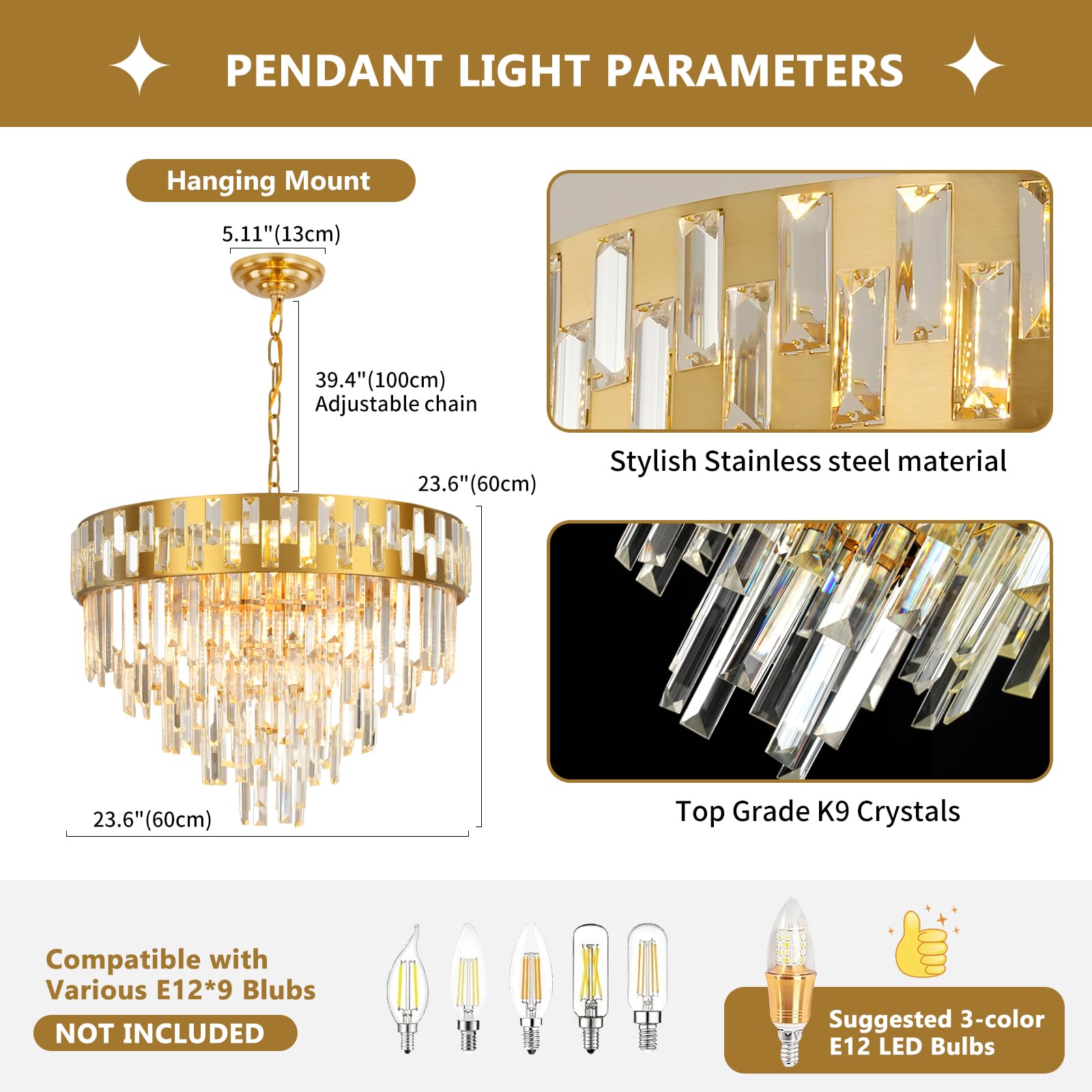 AKDXIRUN Gold Crystal Chandelier - Modern 5-Tier Pendant Light, Stainless Steel & K9 Crystal, W24 inches, Ideal for Dining Room & Living Spaces