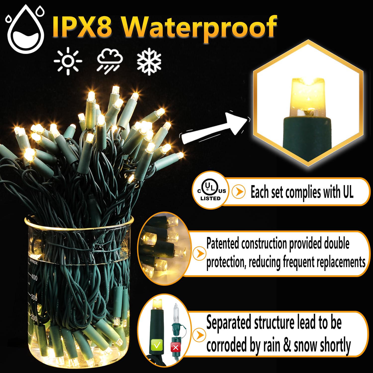 Broulove Led Christmas Lights 70 Count, String Lights For Outdoor & Indoor, Commercial Grade, Green Wire, Warm White Light, 6 Inches Spacing, 35 Ft Length