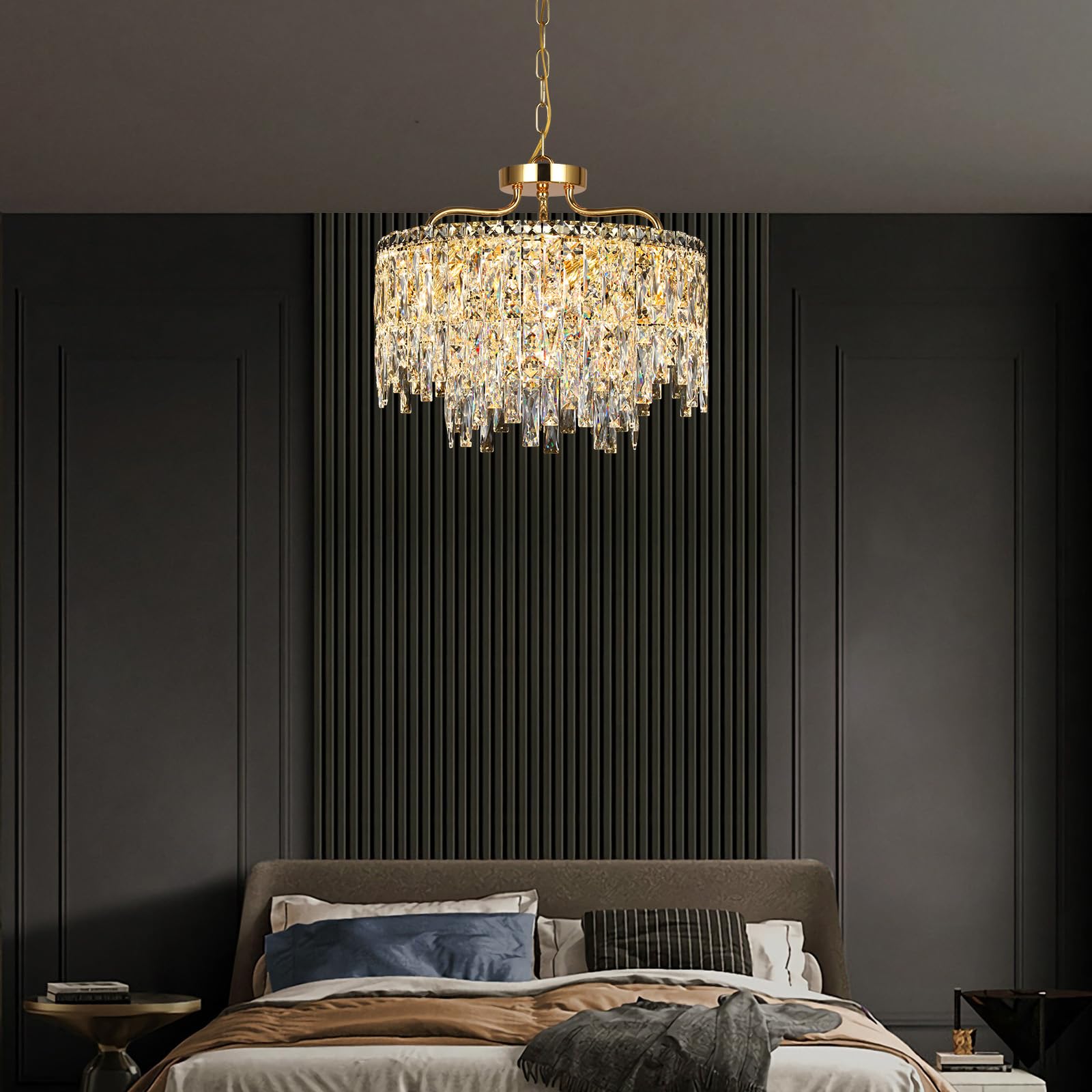 NISIDUN 6-Light Gold Crystal Chandelier, Modern Pendant Lighting for Dining Room, 18" Diameter, Luxury Ceiling Fixture