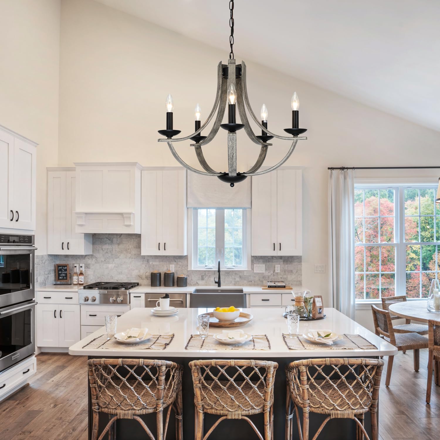 Lampkeduo Rustic Chandeliers For Dining Room Light Fixture  5-Light 24 Inch Faux Wood Texture Hanging Lighting Fixtures Farmhouse Candle Chandeliers For Living Room Kitchen Island Foyer Entryway