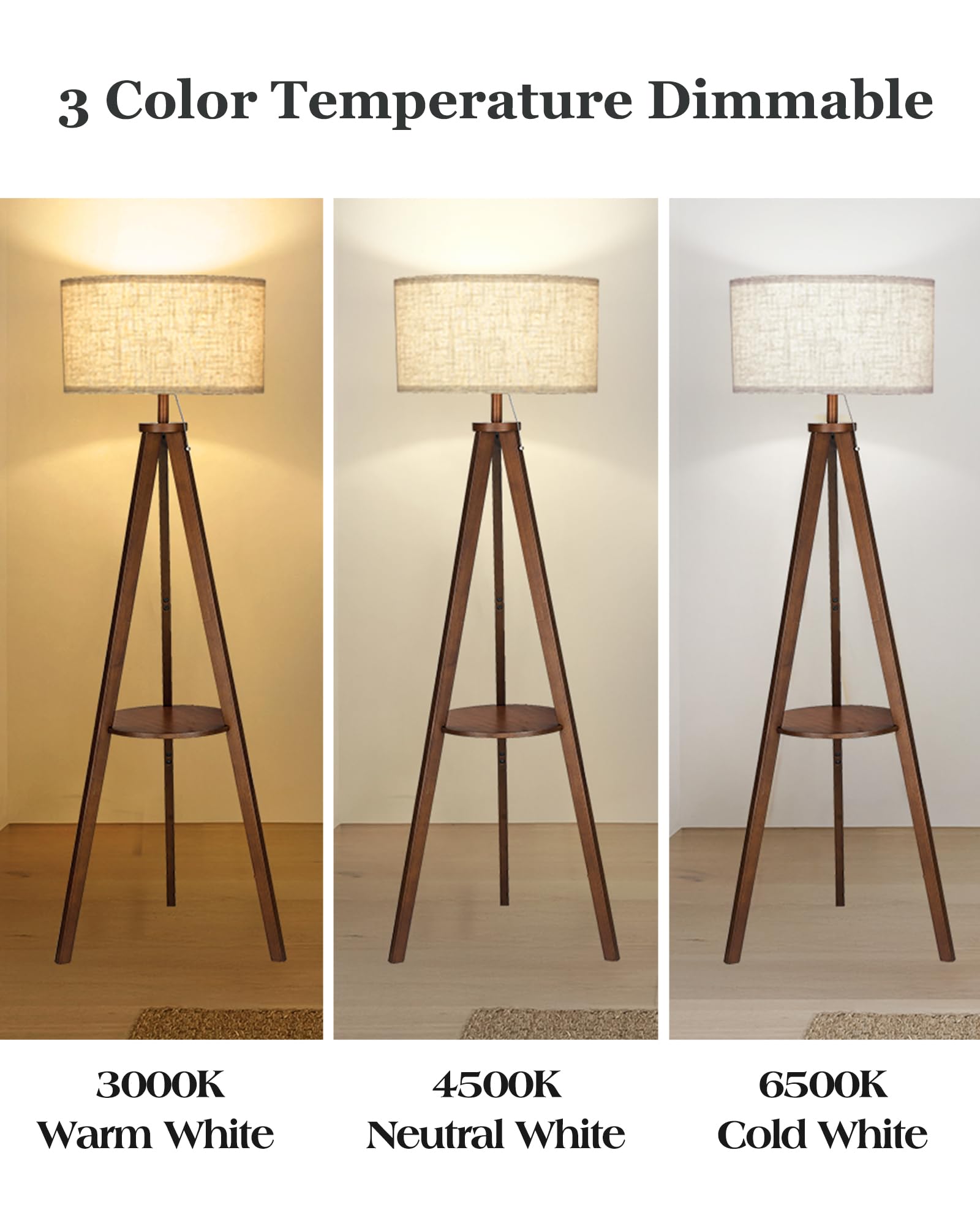 Elyona Solid Wood Tripod Floor Lamp 3 Color Temperatures Led Blub Tall Standing Light With Table Mid Century Modern Corner Readi