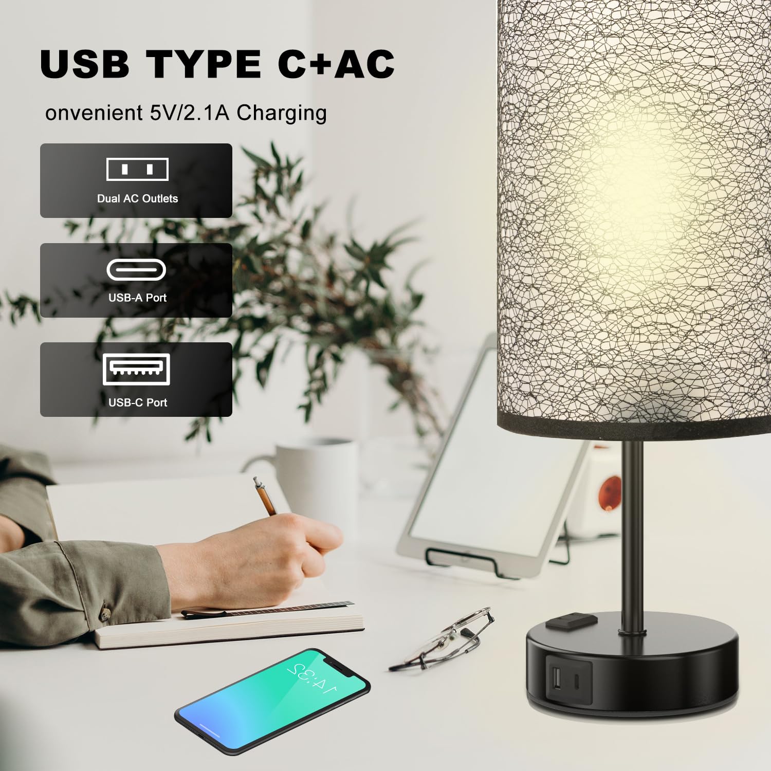 YIDPU Table Lamp with Touch Control, USB C+A Ports, 3-Color LED Light, Fabric Shade, Black, 1PCS, Model 1