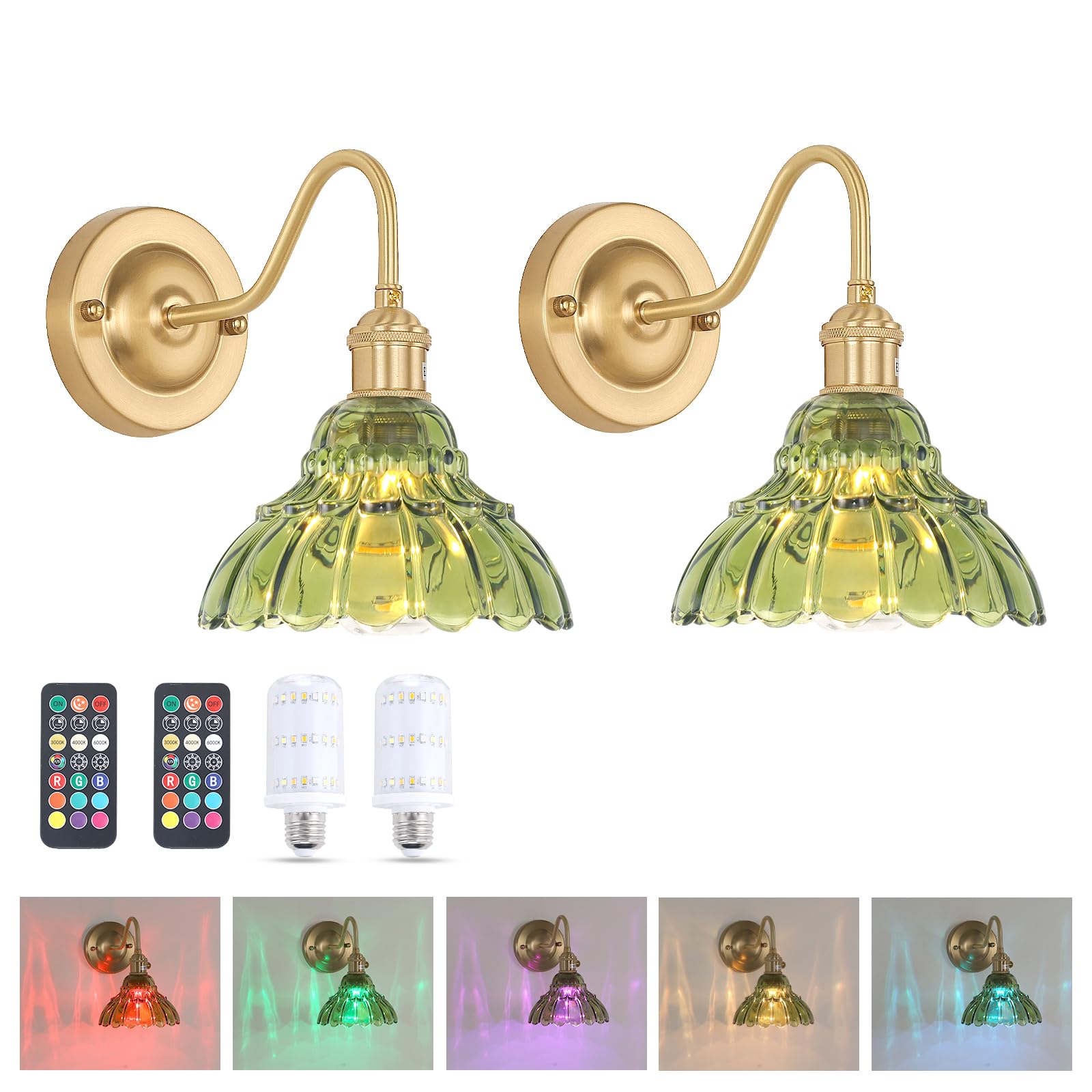 Shenmoyl Battery Operated Wall Sconce Set of 2, Vintage Glass, Green Lily Shade, Wireless Indoor Lamp, Model 1-93760-wlamp