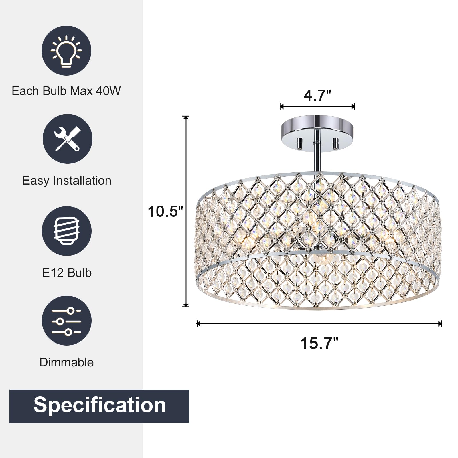 Bzvesr Chrome Crystal Ceiling Light Fixture Modern Semi Flush Mount Ceiling Lighting Fixture Round Small Chandelier For Dining Room  Hallway  Entryway  Kitchen  Bedroom Foyer 4 Light 15.7 Inch