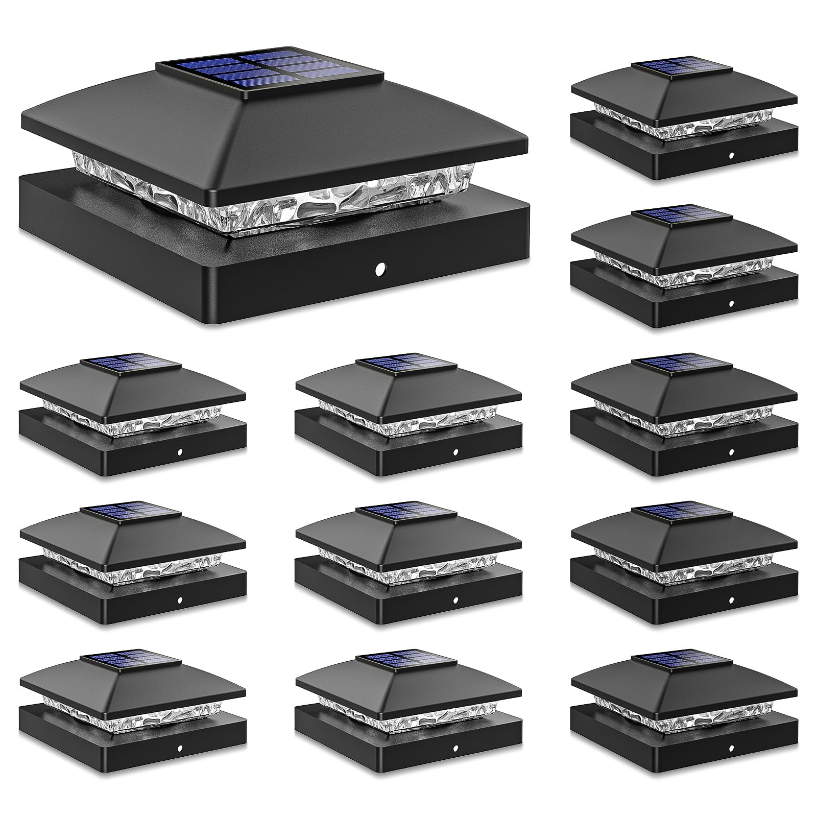 Solar Post Cap Lights Outdoor 12pack, Black Waterproof Solar Powered Deck Fence Post Lights Fit 4x4 Wood/Vinyl Posts, Bright War