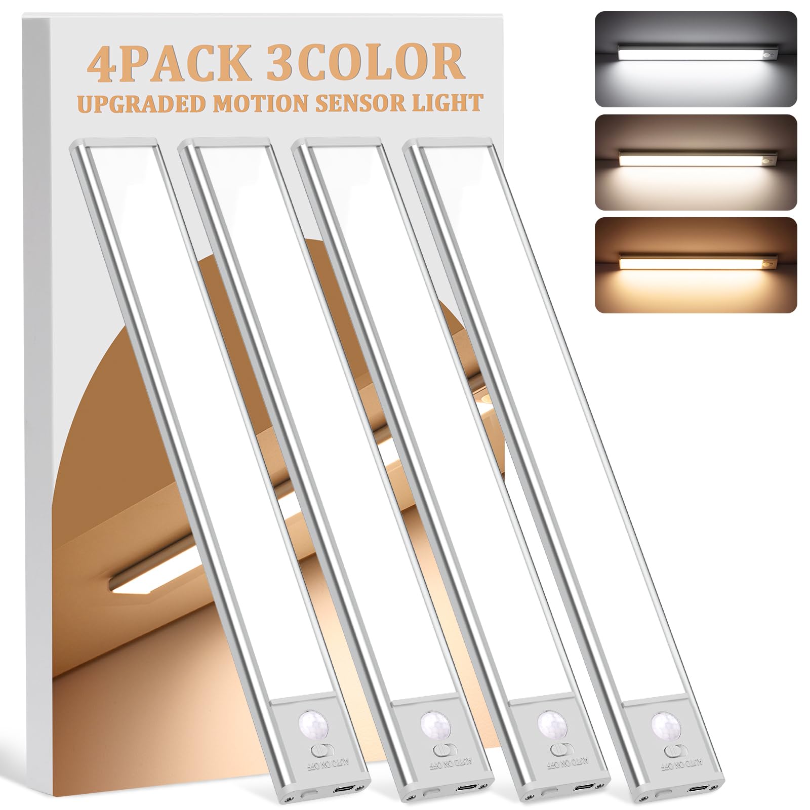 Under Cabinet Lighting Wireless, 4Pack Motion Sensor Light Indoor with 3 Color Temps, Dimmable Closet Lights Battery Operated, L