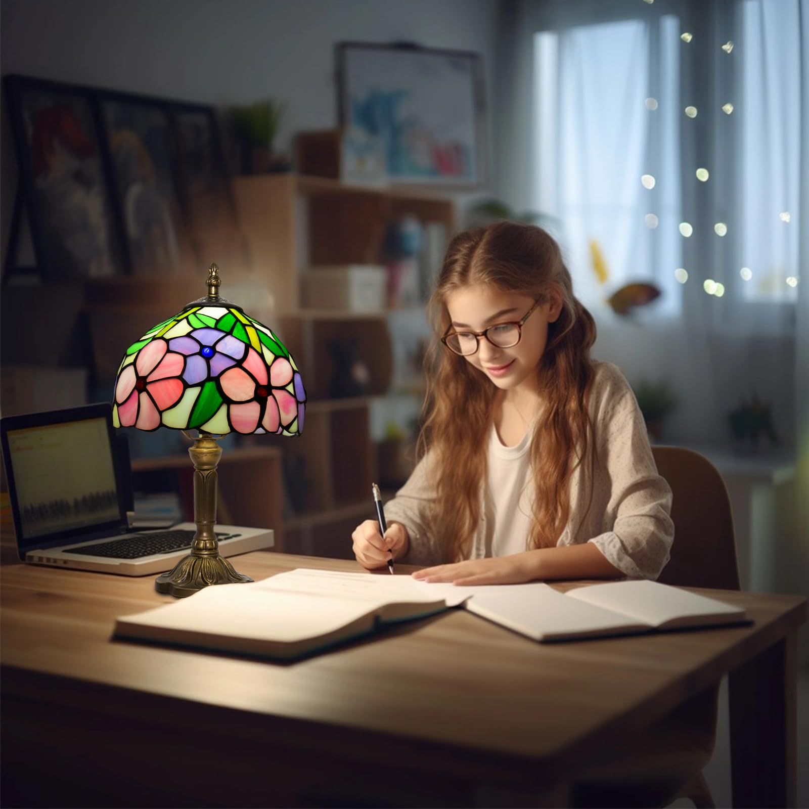 Ppbmocw Stained Glass Lamp,8X14 Inches Small Tiffany Lamp,Four Flowers Style Art Deco Lamp For Bedside,Antique Office,Living Roo