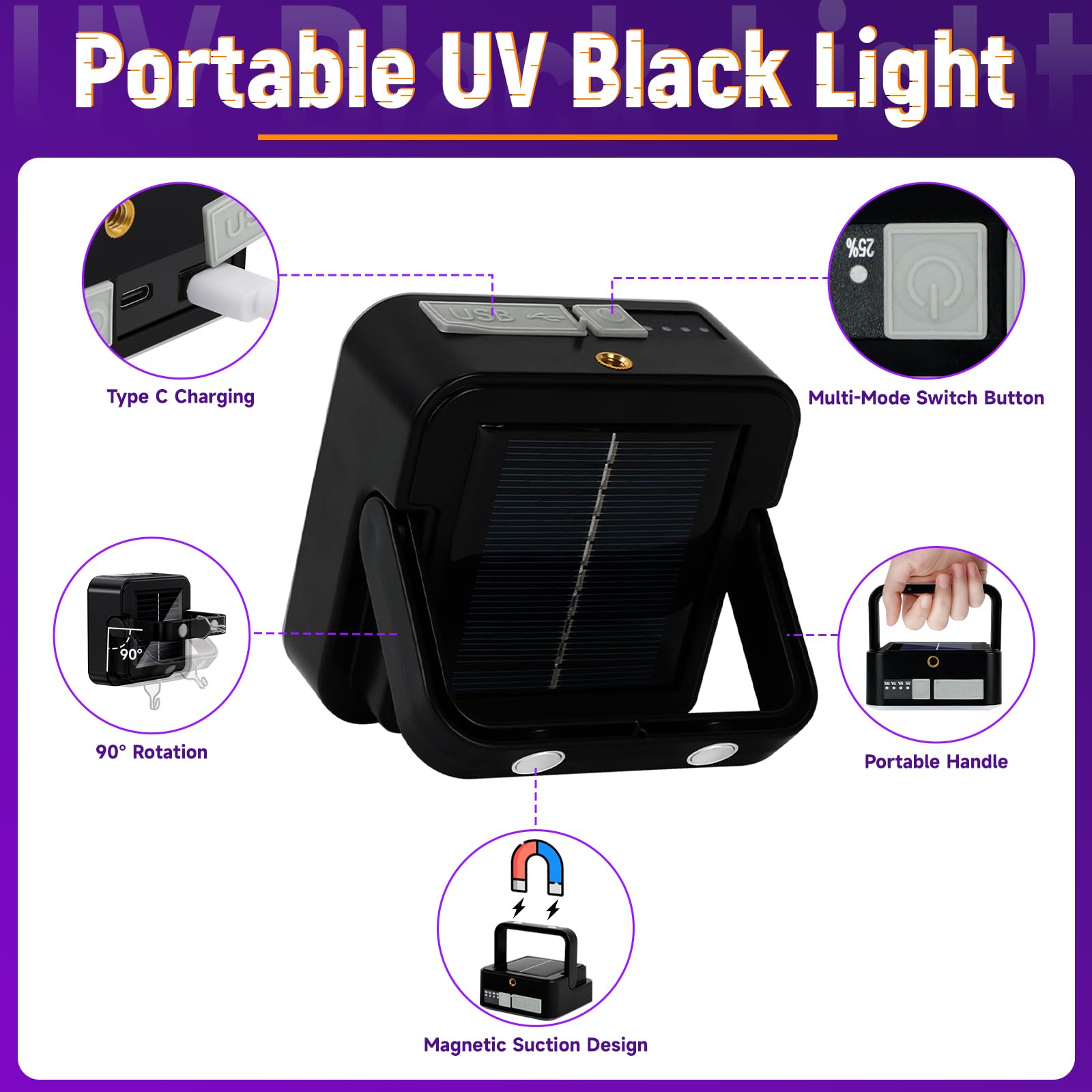 LED Black Ligh,Rechargeable 5000mAh 120 UV led, IP65 Waterproof & Magnetic, Long Runtime Ultraviolet Light for Neon Glow Party,