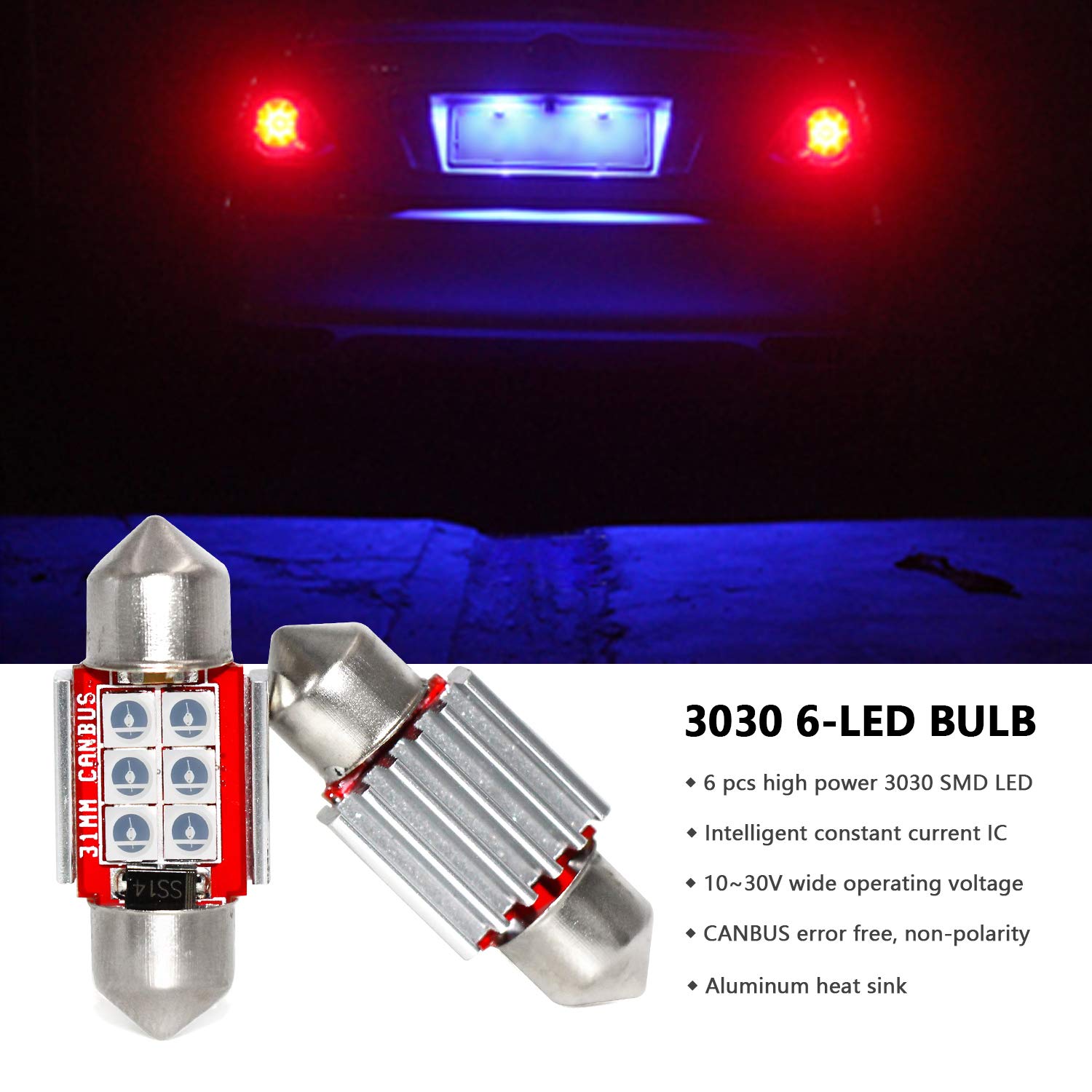 PHINLION DE3175 Blue LED Bulb, 1.25" Festoon, Aluminum, Super Bright, Pack of 4 for Car Interior Lighting