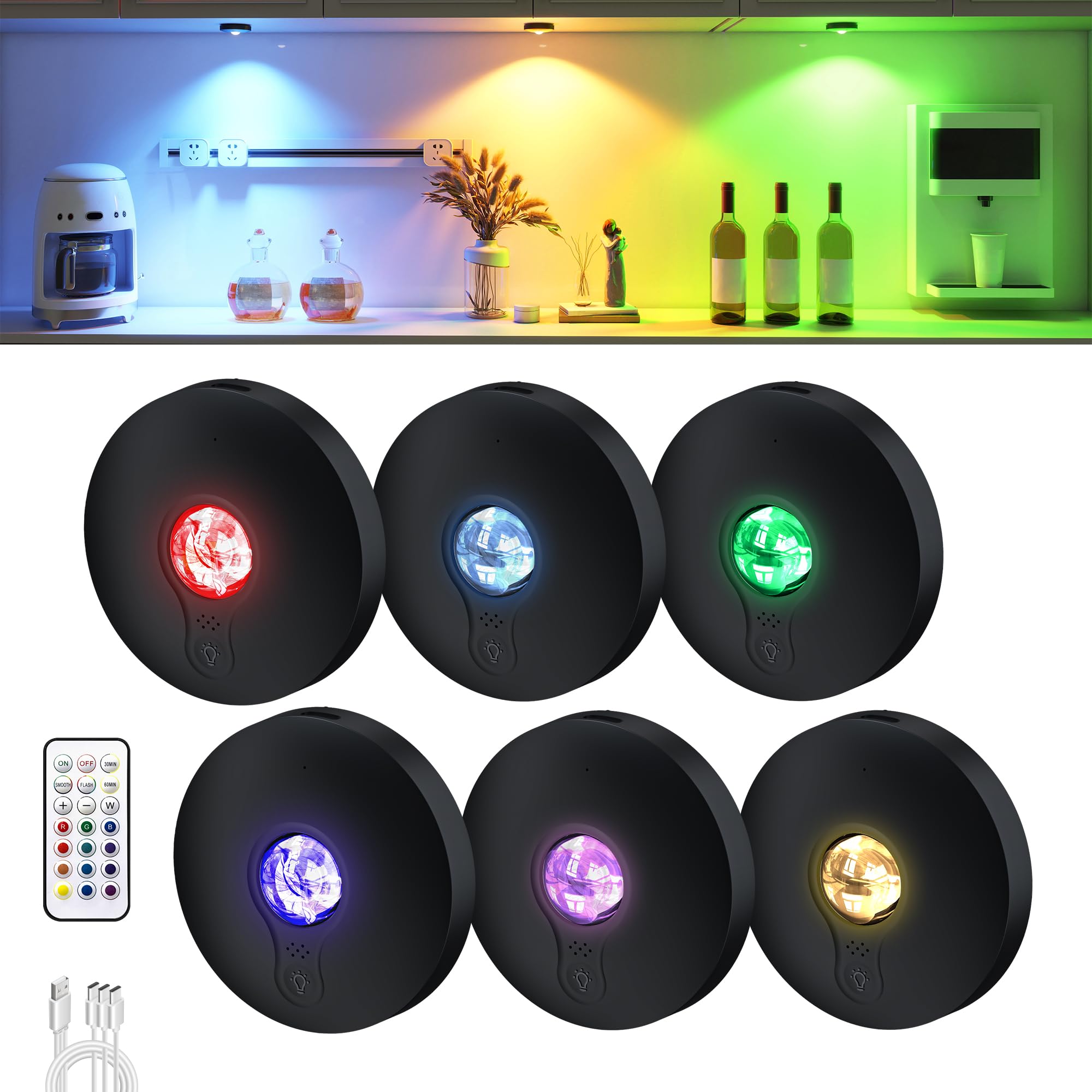 Unusroom Rechargeable Puck Lights Led Under Cabinet Counter 2000Mah Battery Operated Tap Stick On Lights Touch&Remote Controls Dimmable Wireless Closet Light For Kitchen (Black-13Color  6)