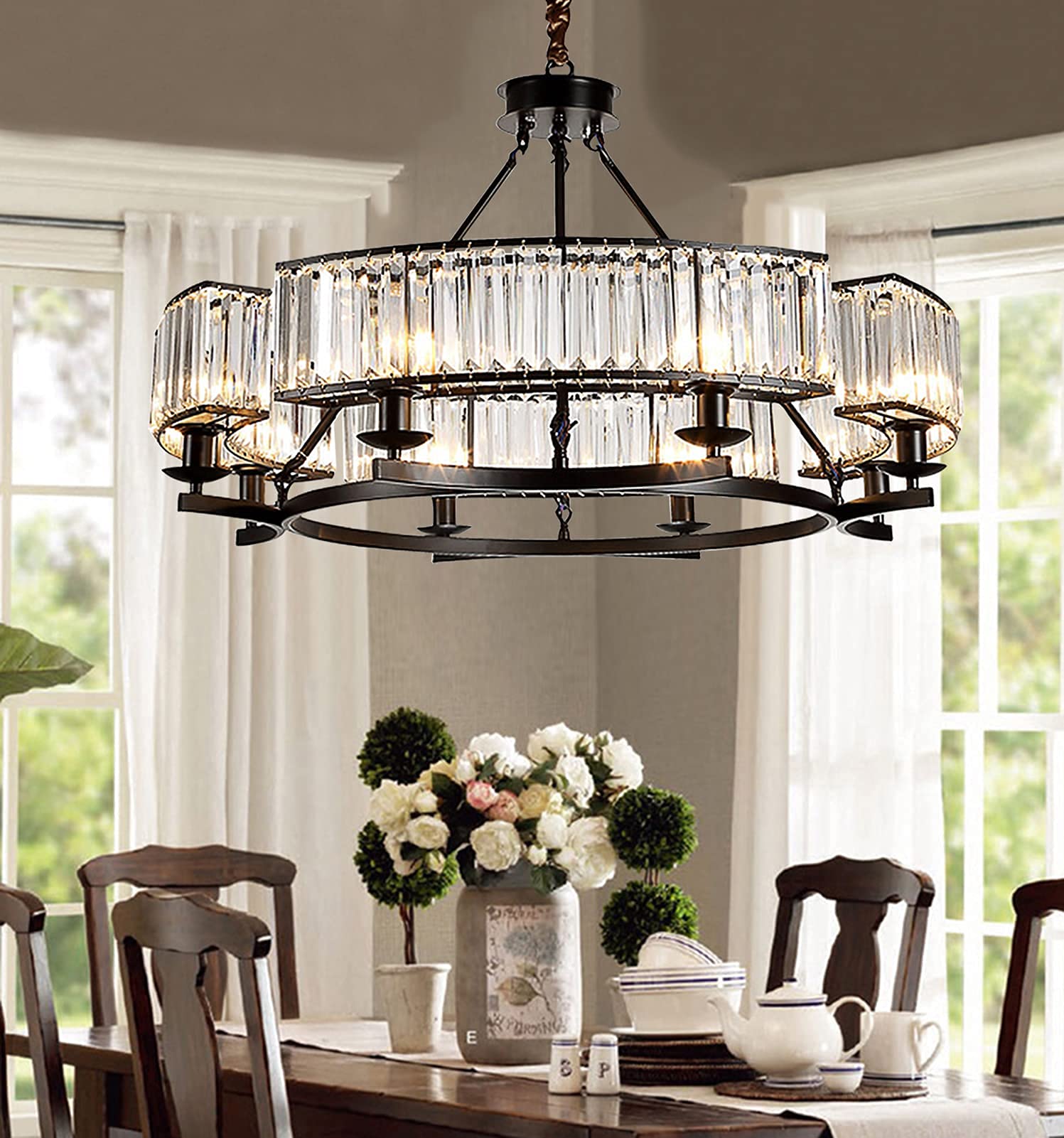 yomay Farmhouse Crytal Chandeliers Dining Room Pendant Light Fixture Black Chandelier with K9 Crystal for Living Room Dining Roo