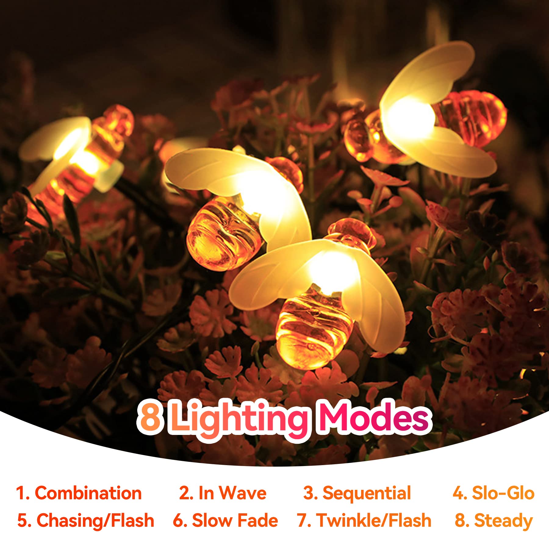ITICdecor Solar Bee String Lights 50 LEDs, 8 Modes, Waterproof, Orange, 50L Bee Model SL-HBee-50L-US
