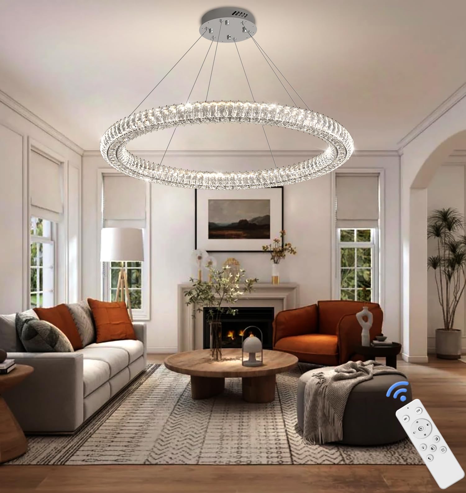 IDEQUY Modern Crystal Chandelier Dimmable LED 47.5 Ring Pendant Light Adjustable Round Chrome Crystal Chandelier Light Fixtures for Dining Room Living Room