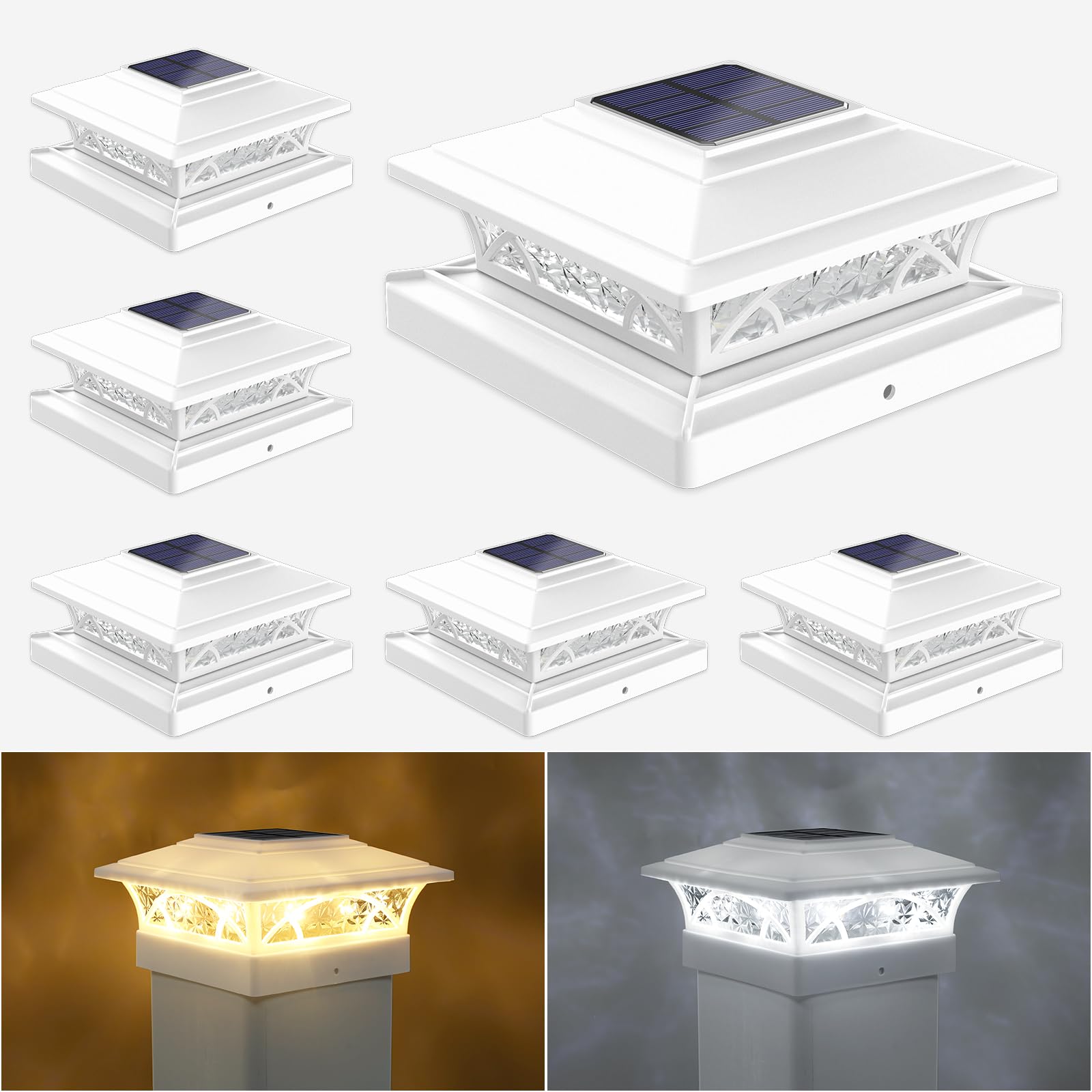JOFIOS Solar Post Cap Lights Outdoor 6pack, White Deck Fence Post Lights Solar Powered with 16LEDS 2 Lighting Modes, 4x4/5x5/6x6