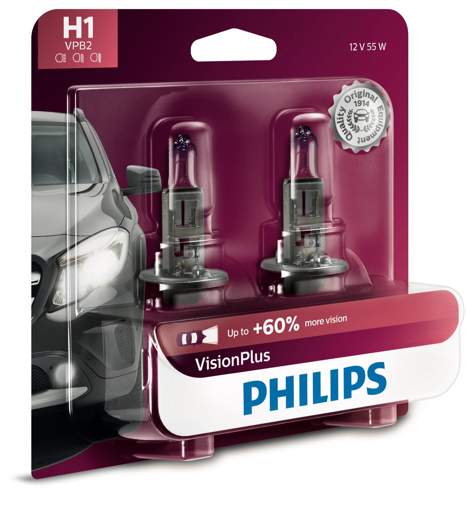 Philips Automotive Lighting H1 VisionPlus Deluxde Upgrade Automotive Replacement Headlight Bulb, Fits Select High Beam, Low Beam
