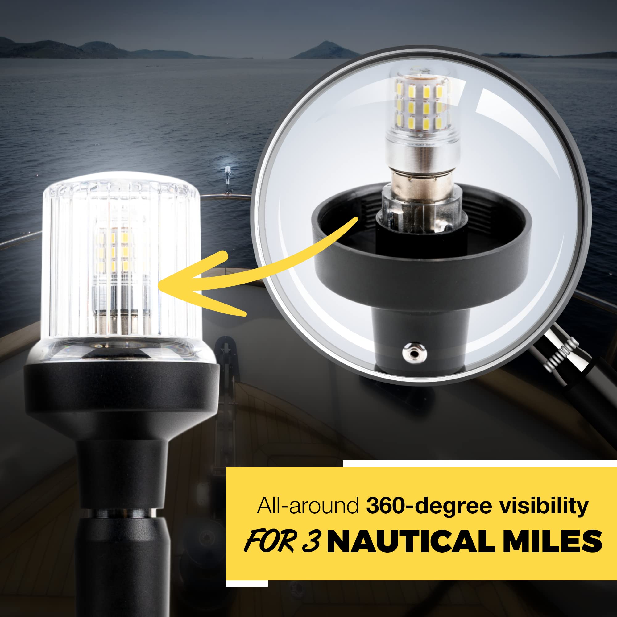 Everbeam P600 Adjustable Stainless Steel Anchor Light - 360° Visibility for 3 Nautical Miles - Weatherproof - Clear