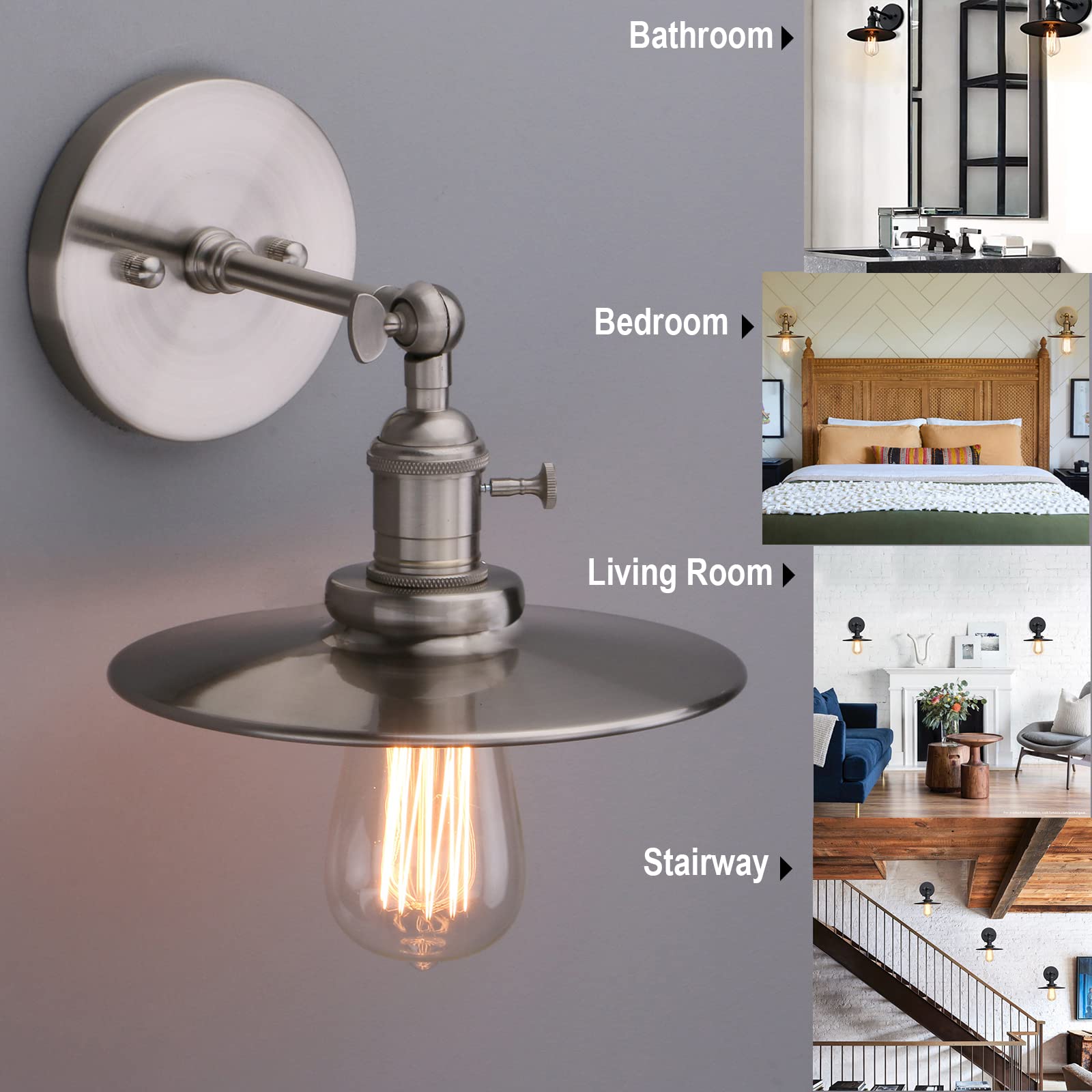 Phansthy Vintage Industrial Sconces Wall Lighting, 1-Light Wall Sconce With Switch And 7.9'' Metal Shade, 180 Degree Adjustable