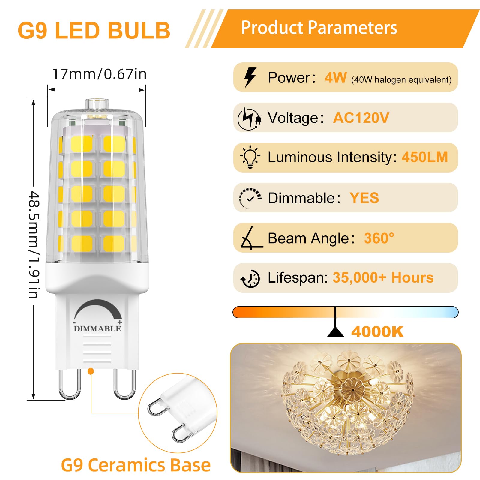 BAOMING G9 LED Bulb Dimmable 4W, 4000K Neutral White, 450LM, Ceramic Base, 12 Pack