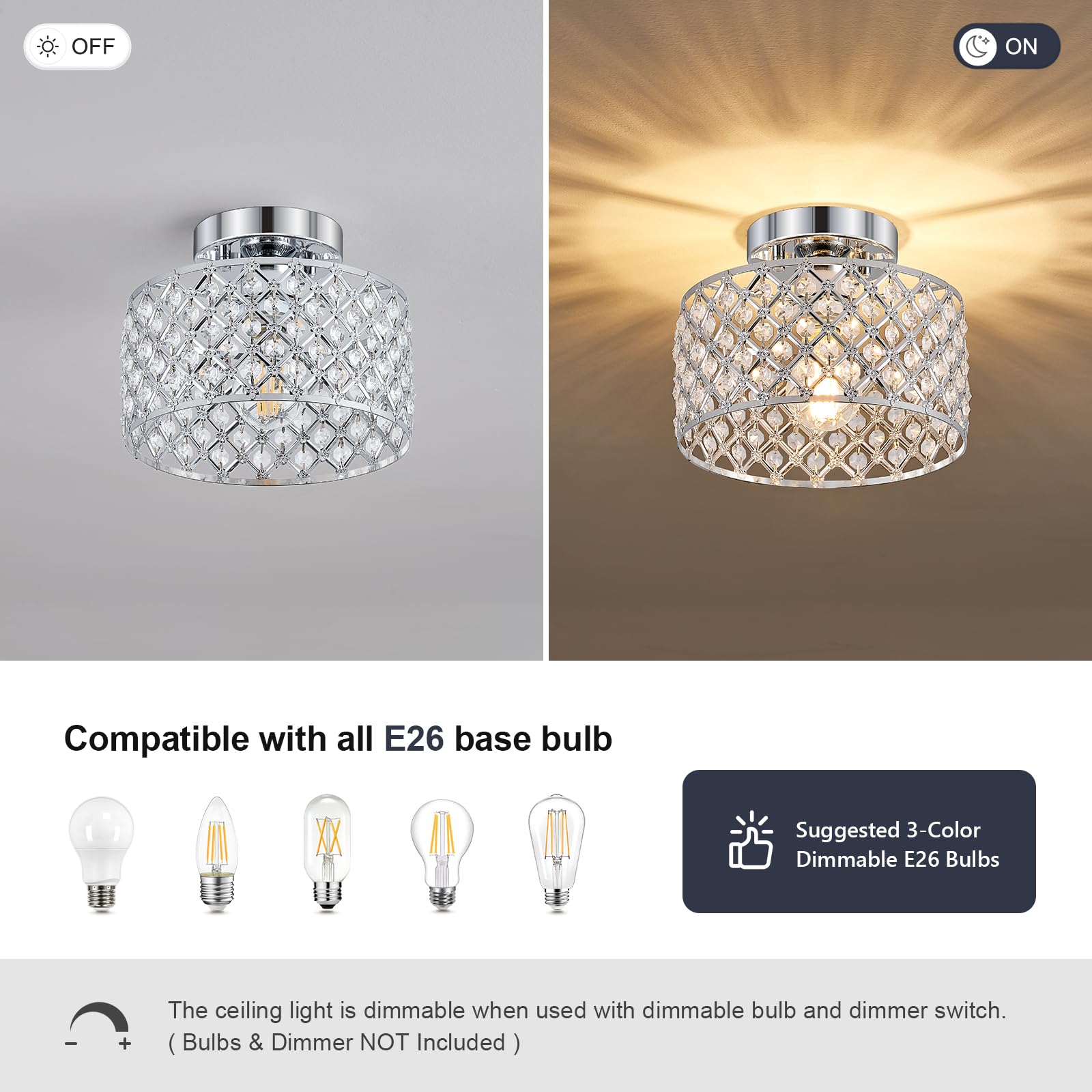 Chrome Crystal Ceiling Light Fixture Modern Semi Flush Mount Ceiling Lighting Fixture Round Small Chandelier For Hallway  Entryway  Laundry Room  Kitchen  Bedroom  Foyer  Bathroom  1 Light  9 Inch