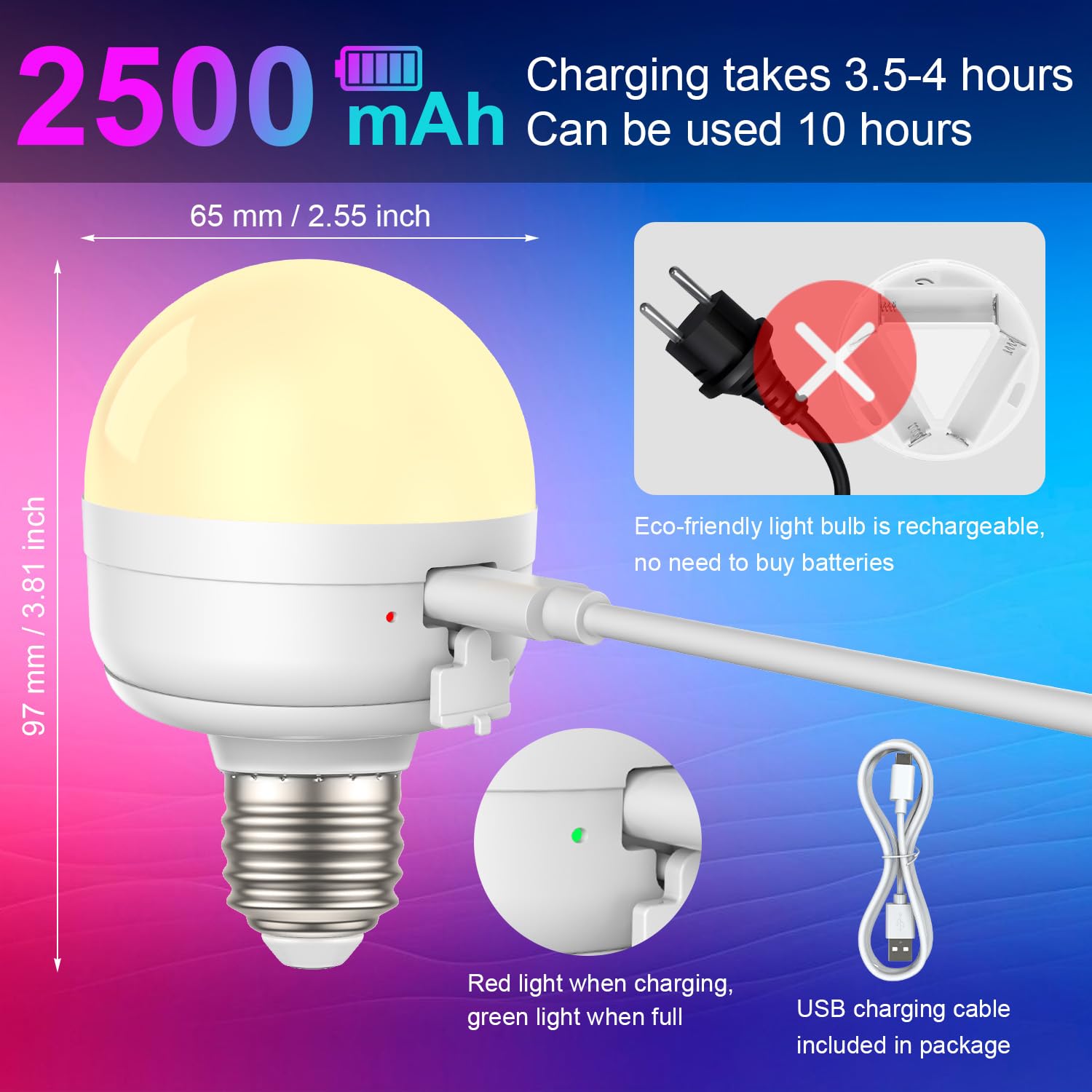 Scopow Rgb Rechargeable Battery Operated Light Bulb With Remote 15 Color Temperature,450Lm,Detachable Charging Magnetically Dimmer Timer Dimmer For Non-Hardwired (6W+3Colors+Rgb+2Pc)