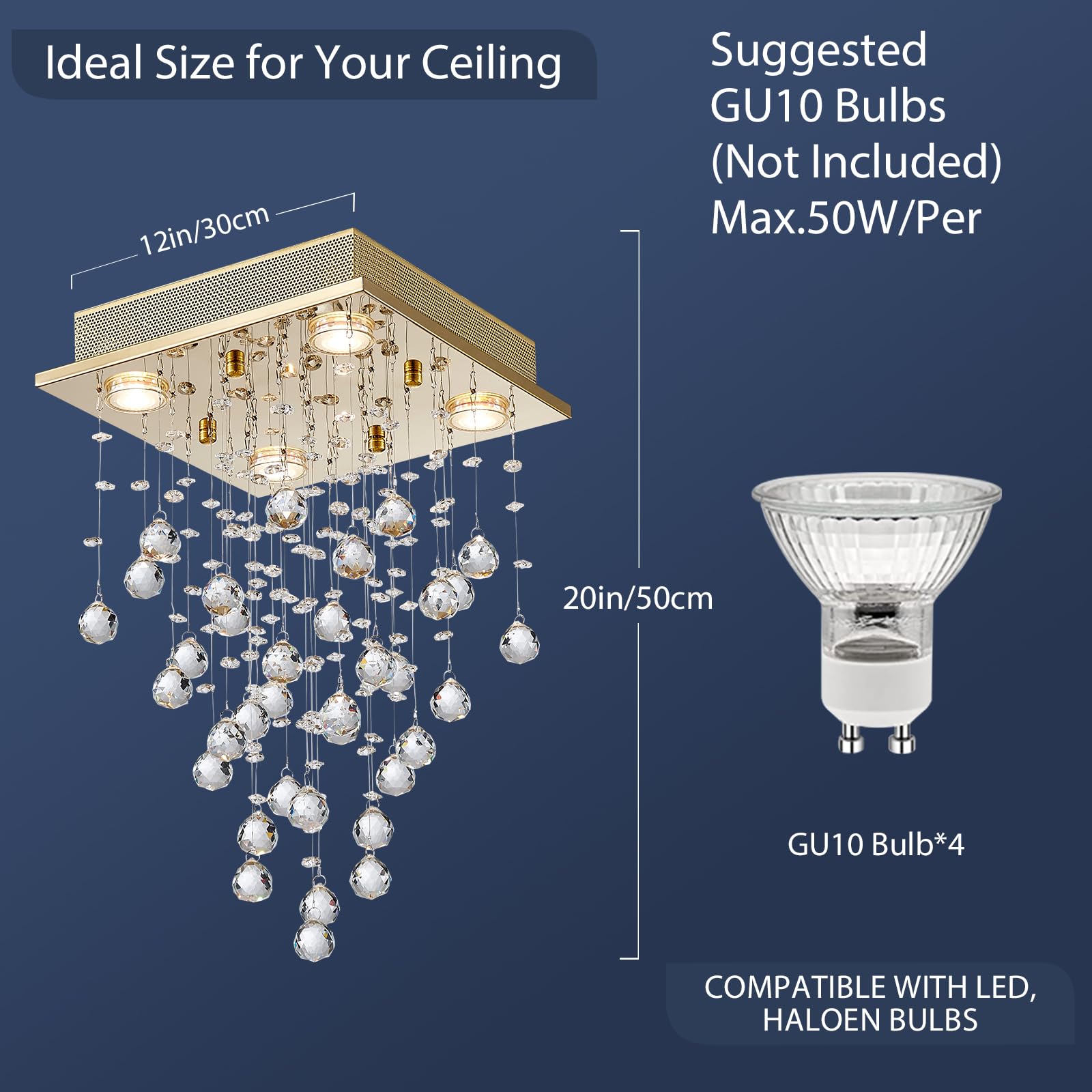 Bestier Gold Crystal Raindrop Chandelier, 12" Wide x 20" High, Metal Flush Mount Light for Dining Room, Bathroom, Bedroom, Model AK-AJ-18178