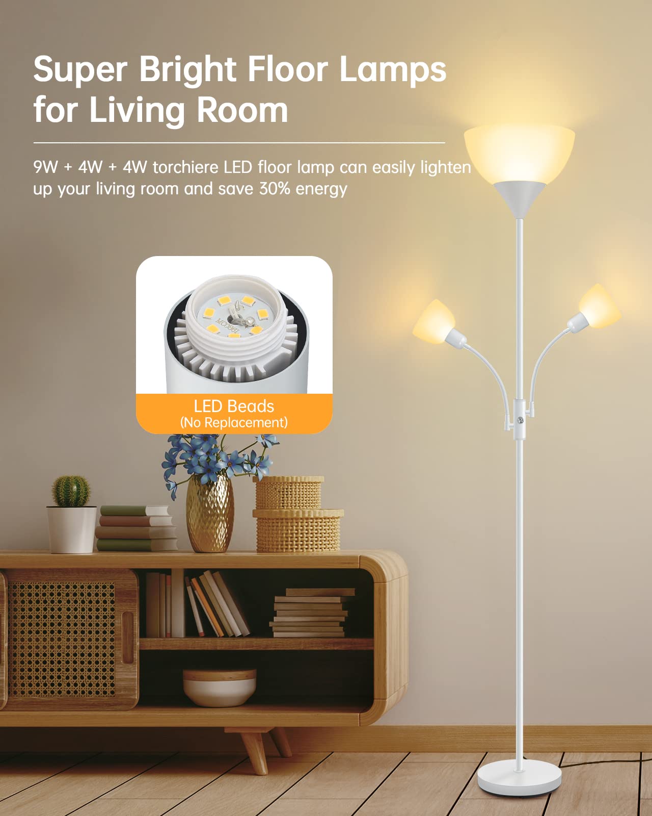 Floor Lamps For Living Room, Standing Lamp, 9W Torchiere Floor Lamps With 4W Reading Lamps, 2700K Led Beads, 50,000Hrs Lifespan,