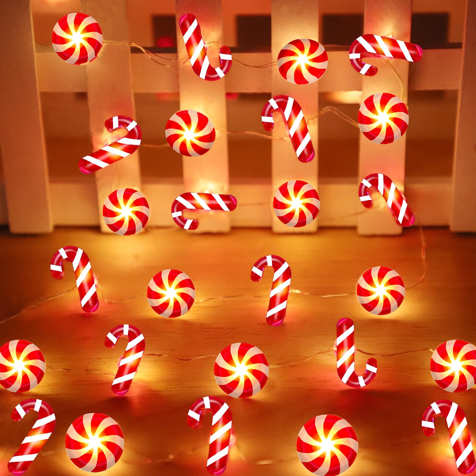 TURNMEON 26.2Ft 80LED Candy Cane Christmas String Lights with Timer, Remote Control, Battery Operated, Warm White, Red