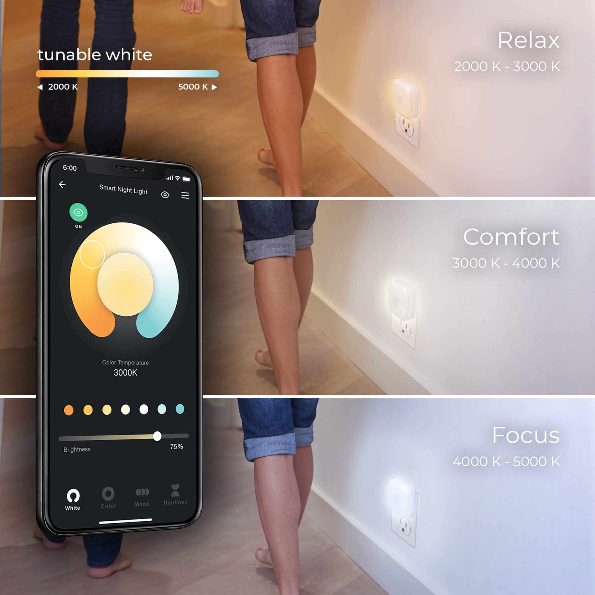 Globe Electric Wi-Fi Smart Ambient Night Light, Motion Detection, Multicolor RGB, Tunable White 2000K-5000K, 1 Count, White, Model 50239