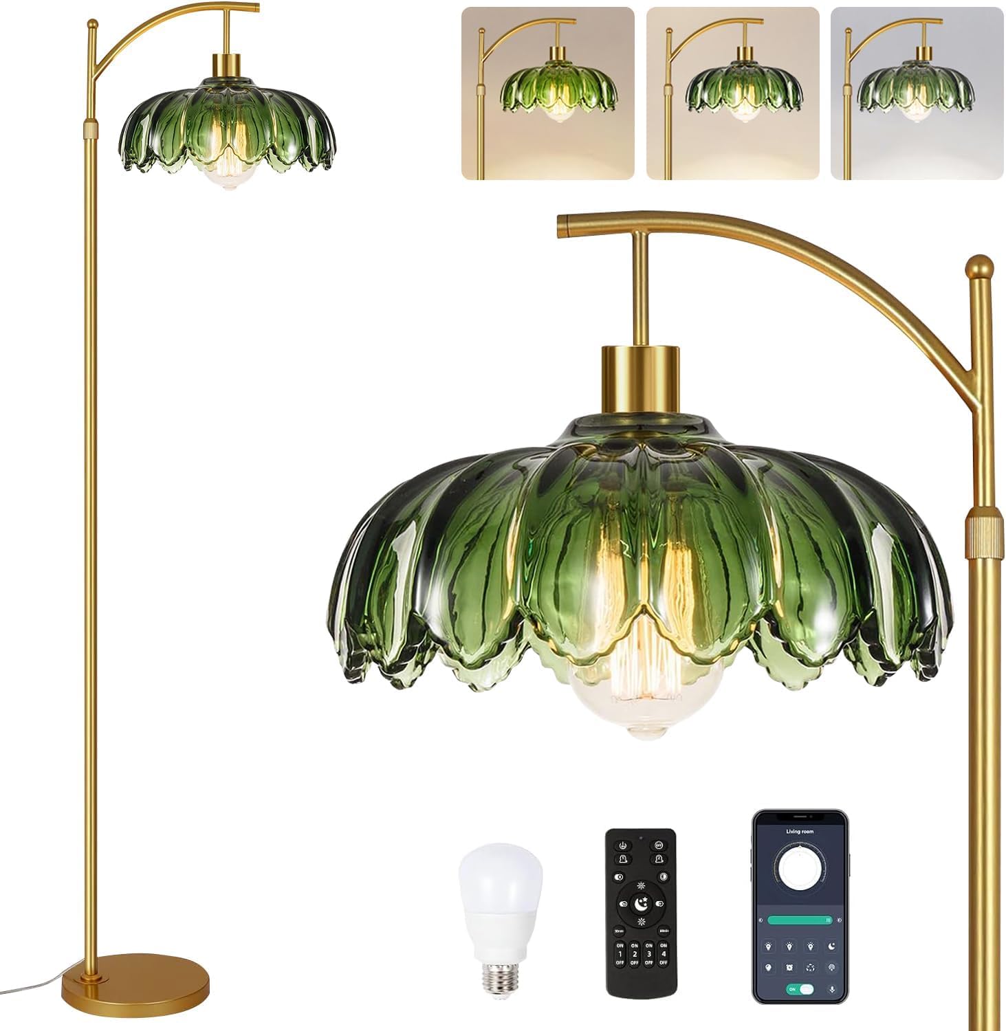 Gold Floor Lamp for Living Room Arc Floor Lamp with Remote Control & 3 Color Temperature,Modern Flower Lamp with Glass Lampshade