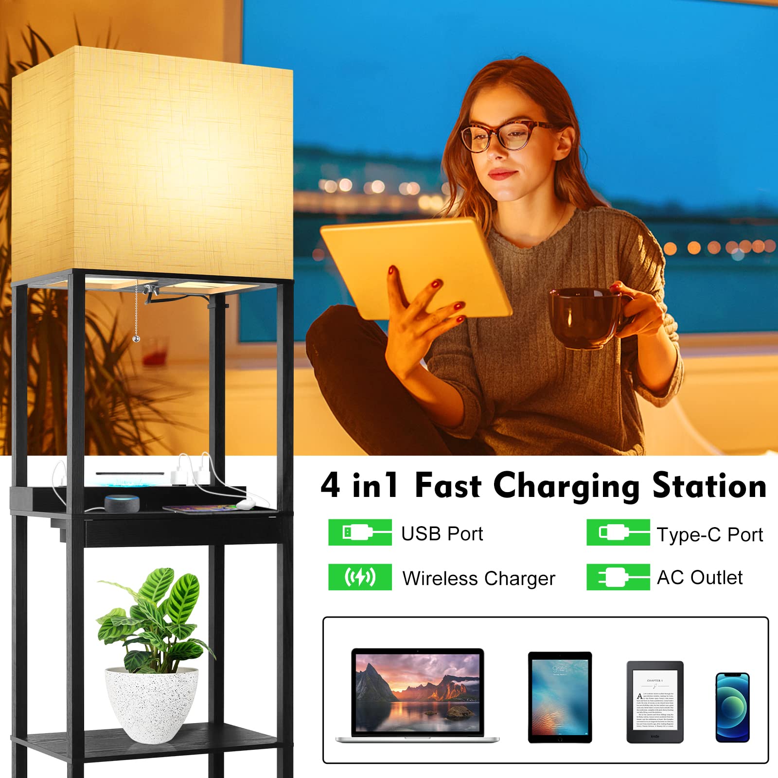 Runtop Plus Charging Station Floor Lamp With Wireless Charger, 2 Usb-C Port, 2 Power Outlet, Floor Lamp With Shelves, 15W Led Bu