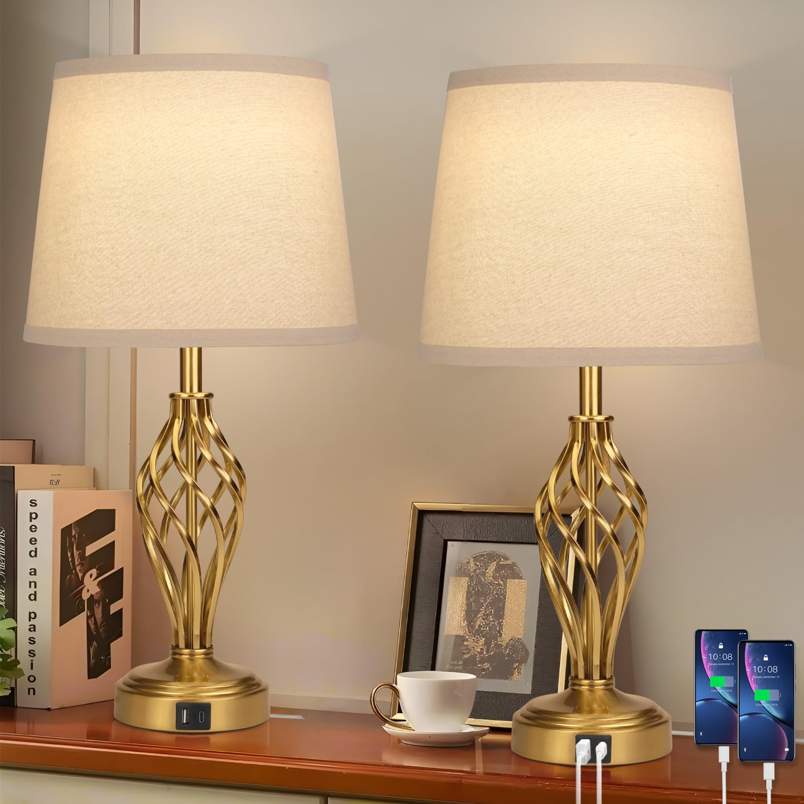 Ruiever Touch Table Lamps Set of 2  nightstand lamp with USB Ports Bedside 3 Way Touch dimmer Desk lamp for Living Room Bedroom Gold Plated Spiral cage Base Design Warm White dimmer Bulbs Included.