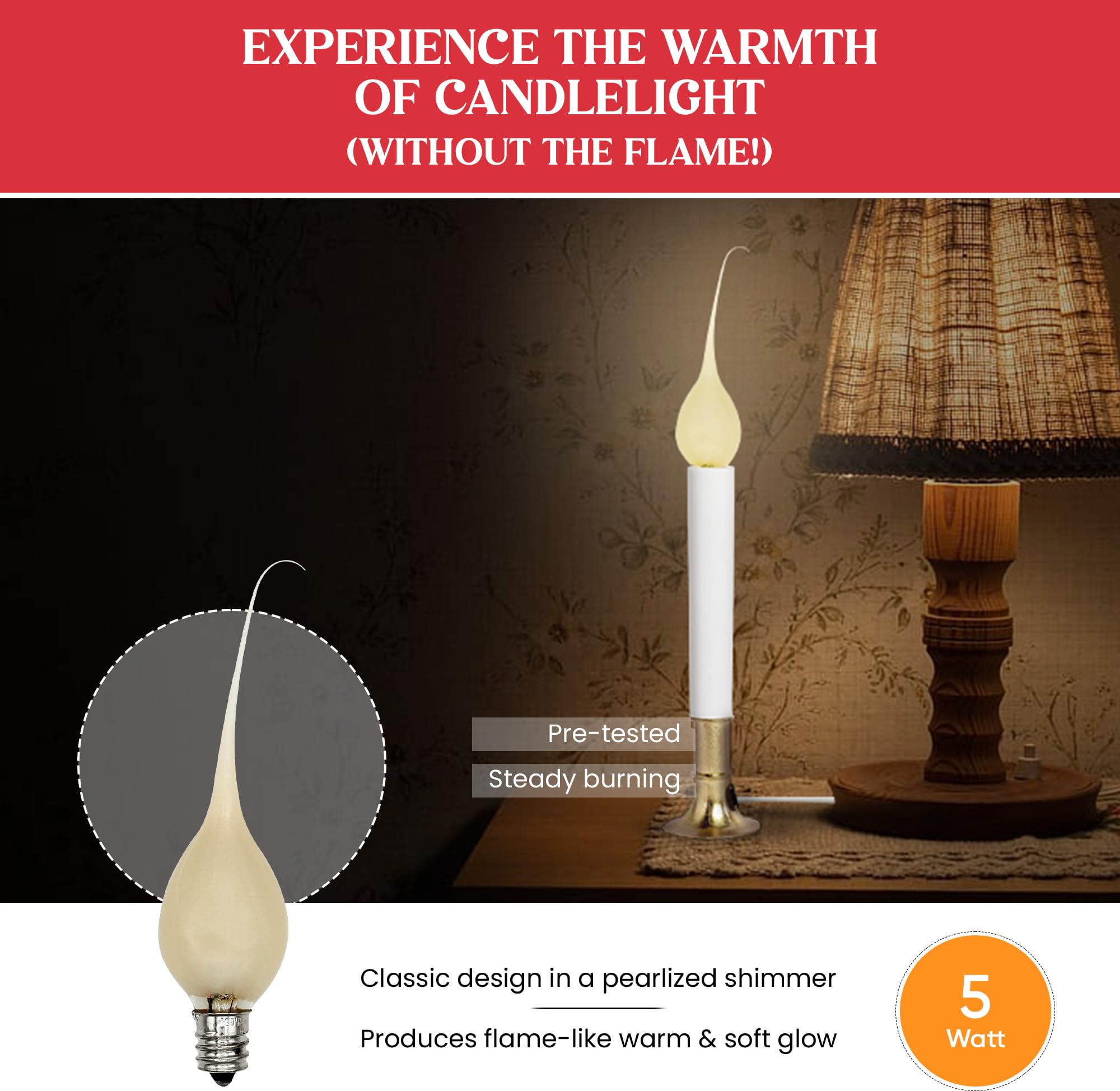 Creative Hobbies Country Style Incandescent Silicone Dipped Candle Light Bulbs ~ 5 Watt Pearlized Silicone, Gold Glow | 6 Pack