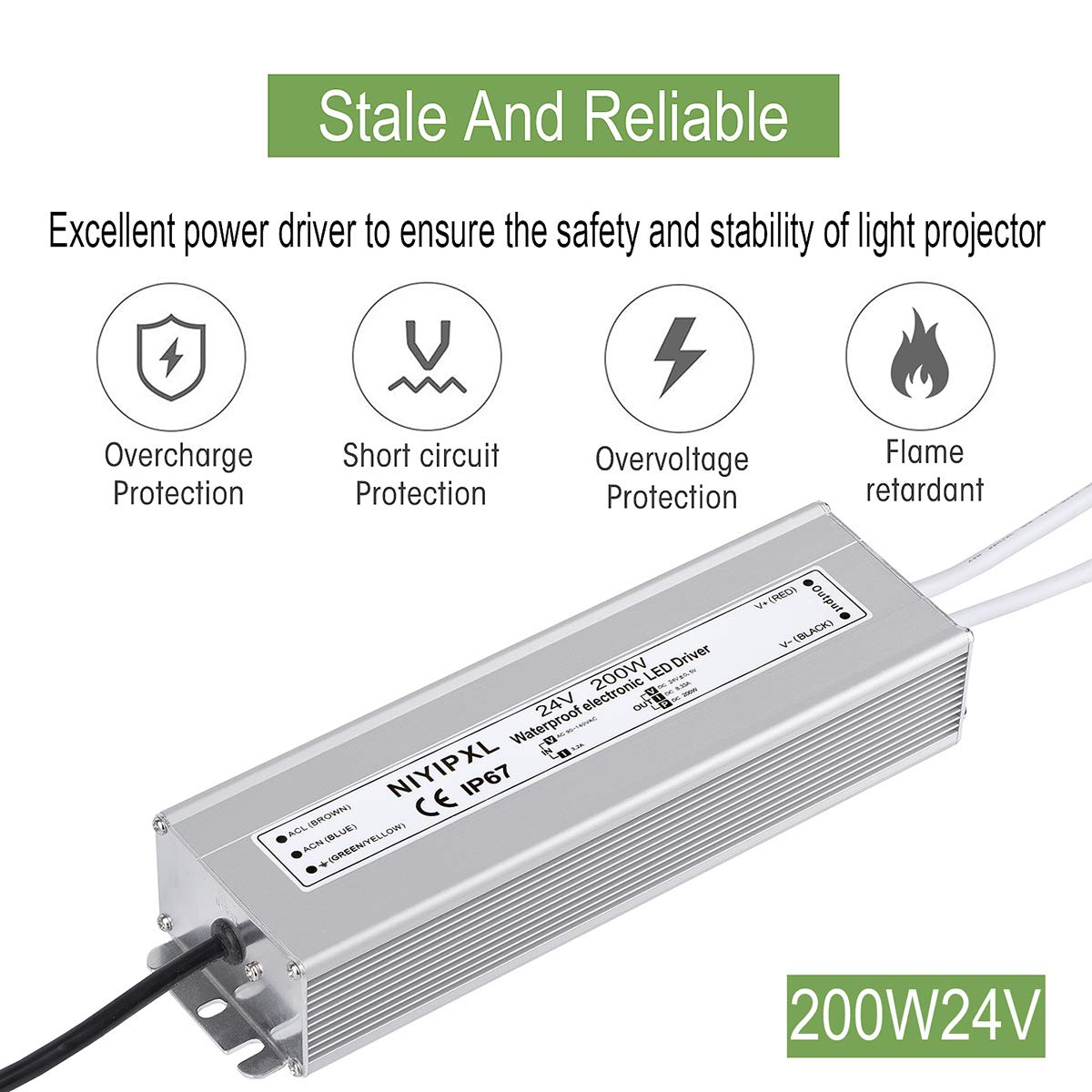 Led Driver 200 Watts 24V Dc Low Voltage Transformer, Waterproof Ip67 Led Power Supply, Adapter With 3-Prong Plug 3.3 Feet Cable