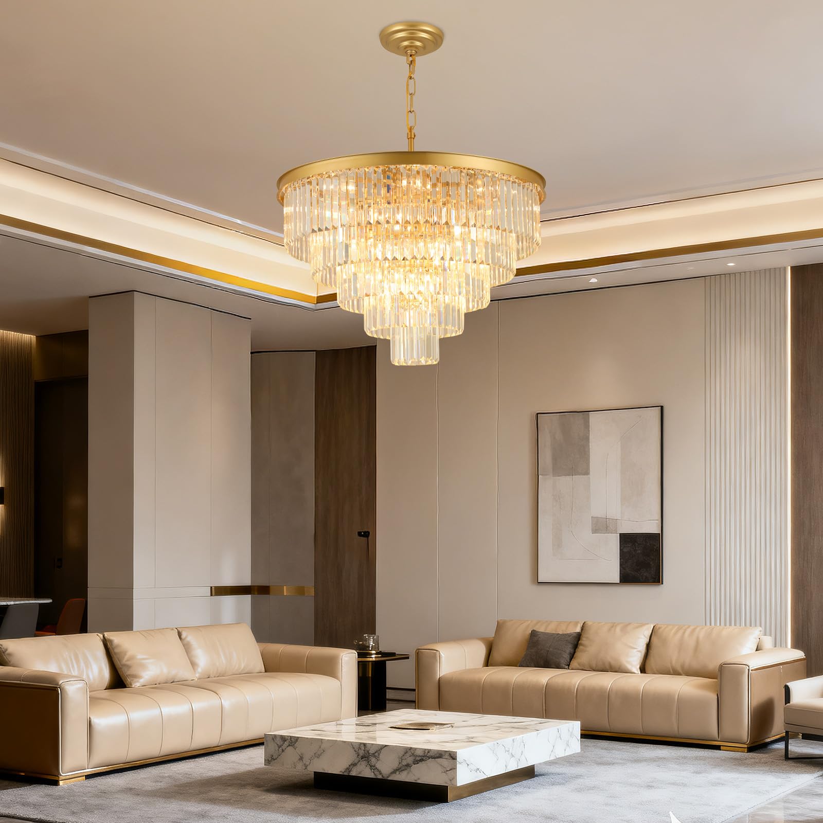 Crystal Chandeliers For Dining Room Lights Fixture Over Table  20 Lights Gold Modern Chandeliers For Living Room  5-Tier Round Crystal Lighting Fixtures For Bedroom Entryway Kitchen Island D30 Inch