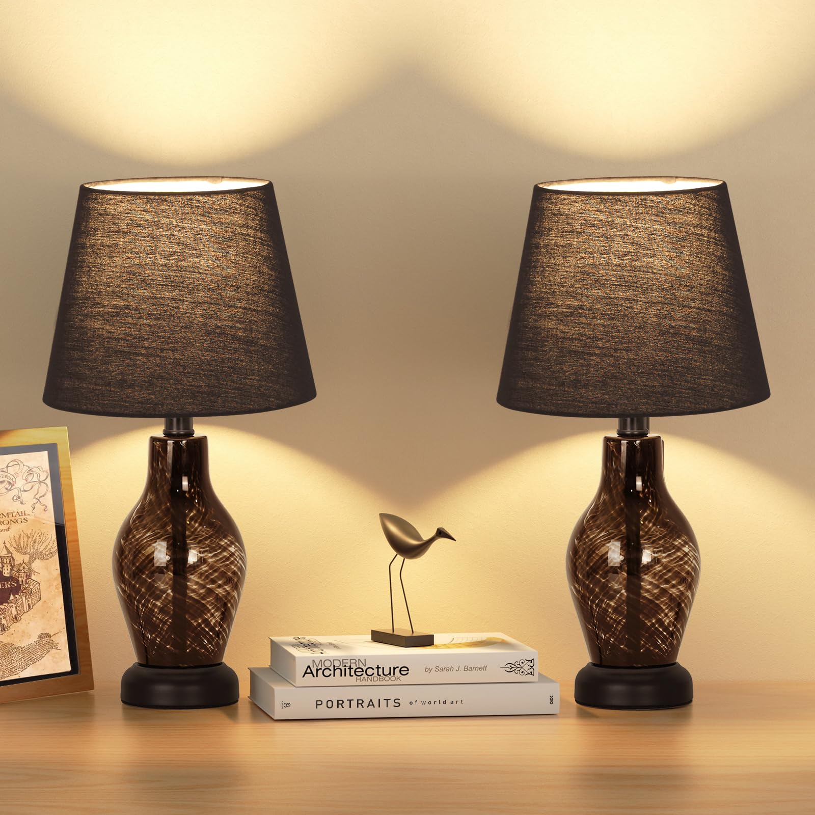 Onewish Small Bedside Table Lamp Set Of 2, Wine Bottle Shape Glass Body, Warm Ambient Lighting, Bulb Included, 14'' Height, Blac