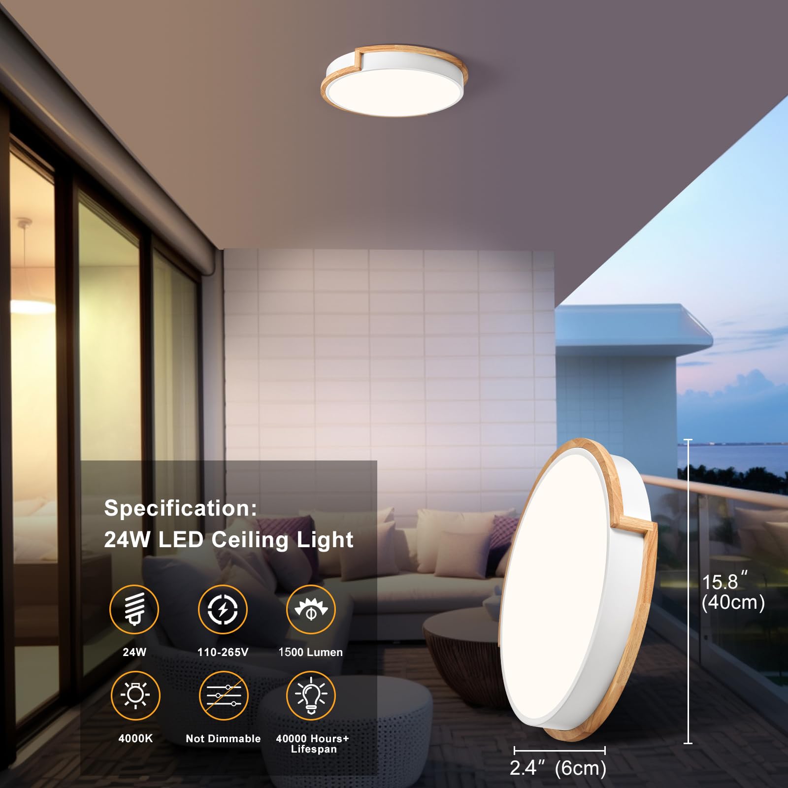 Peblto Modern Led Close To Ceiling Light, Round Flush Mount Ceiling Lighting Fixture, Matte White With Wood Accent, Minimalist K
