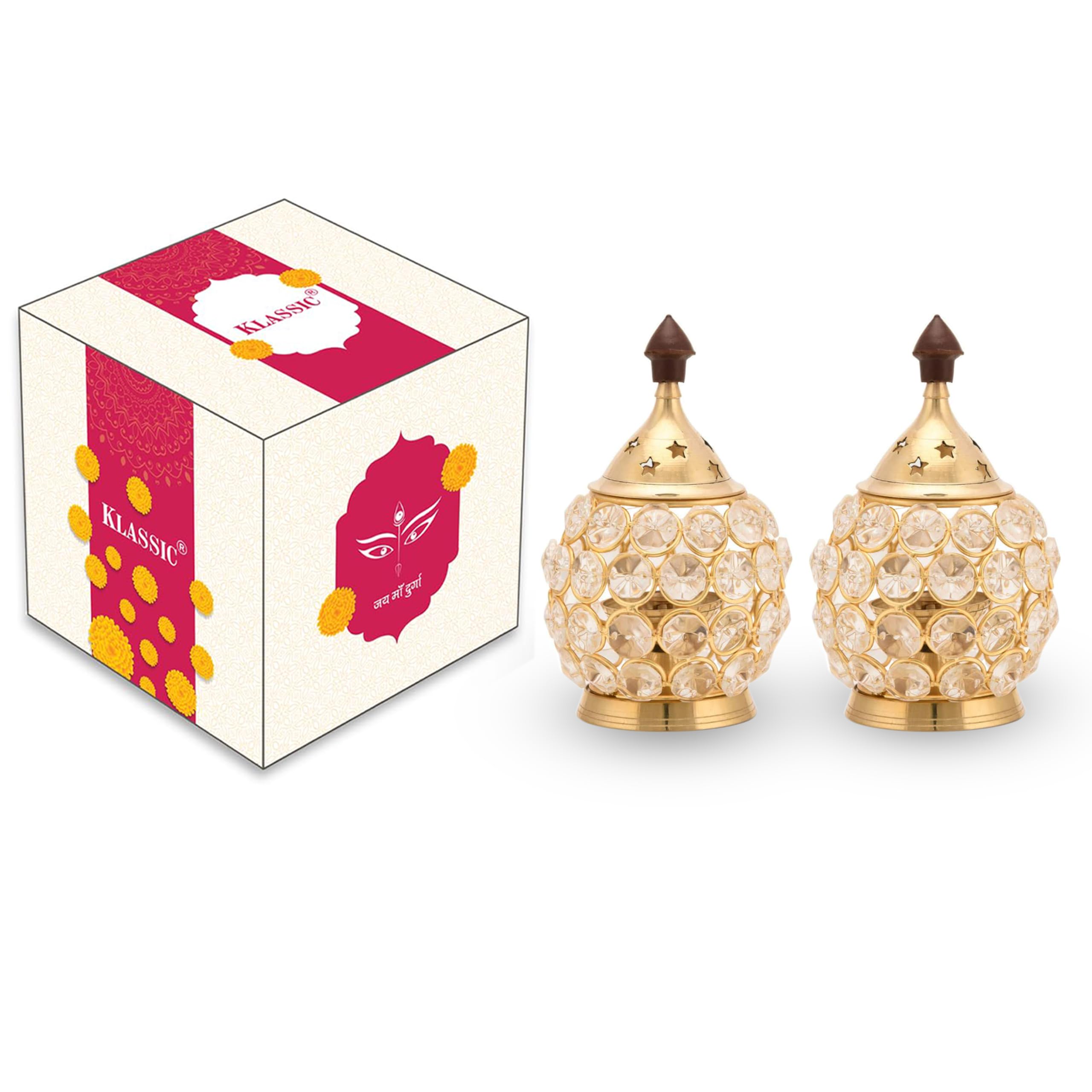 Klassic Decor Brass and Crystal Matki Shape Akhand Diya/Table Deepak/Oil Lamp/Medium Size (Pack of 2)