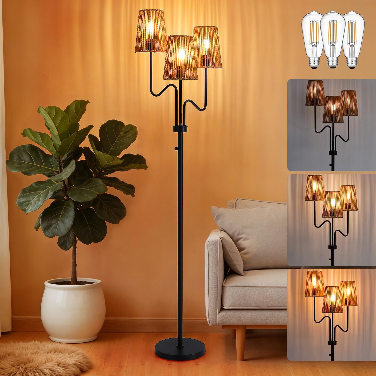 9MMML Farmhouse Boho Dimmable Floor Lamp with Rattan Shade, 68 Tall Floor Standing Lamp, 3-Light Floor Lamp for Living Room, B